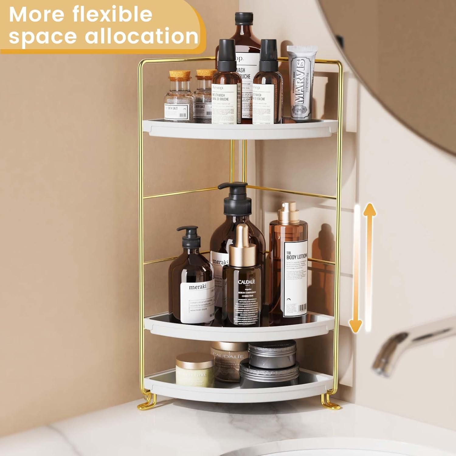 3-Tier Bathroom Organizer Countertop, Corner Bathroom Counter Organizer, Makeup for Vanity Skincare Organizers and Storage, Kitchen Counter Organizer Perfume Organizer (Gold)