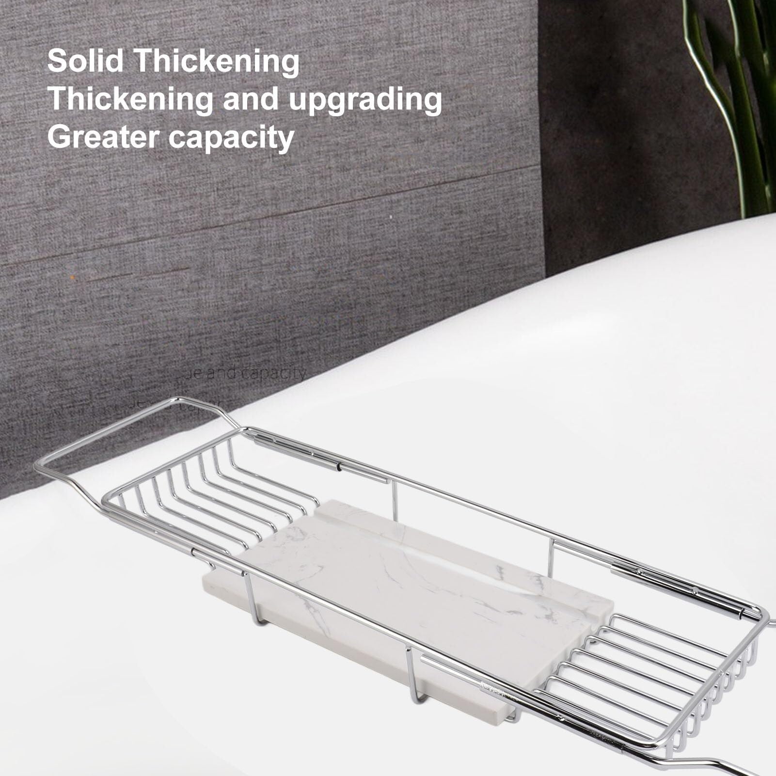 Bandeja y organizador de lujo para bañera, estante ajustable plateado y blanco para champú, jabón y accesorios, diseño duradero que se adapta a la mayoría de tinas para una mejor experiencia de spa y