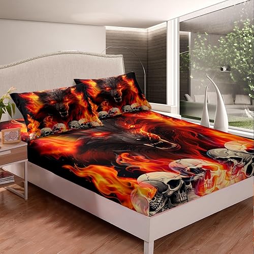 Miniatura 2 de Manfei Sábana bajera ajustable de lobo de fuego, tamaño individual, funda de cama de calavera gótica de llama naranja con 1 funda de almohada, juego