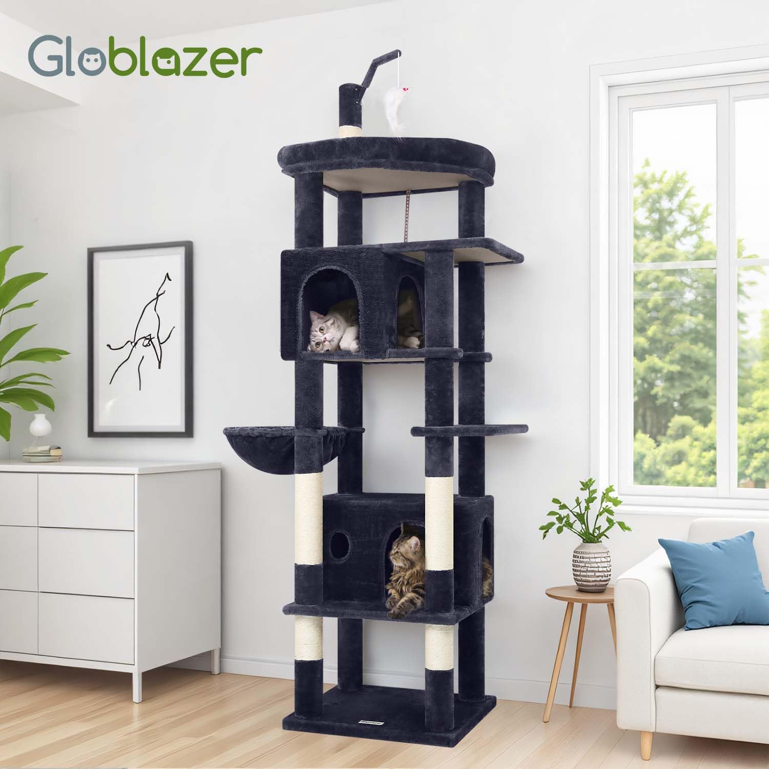 Globlazer Drapak duży, wysoki 188 cm, z dużym domkiem dla kotów, wyściełana platforma sektorowa 90°, hamak, miękki kosz, stabilny, odporny na przewrócenie, dla dużych kotów, do ciężkich zabaw do
