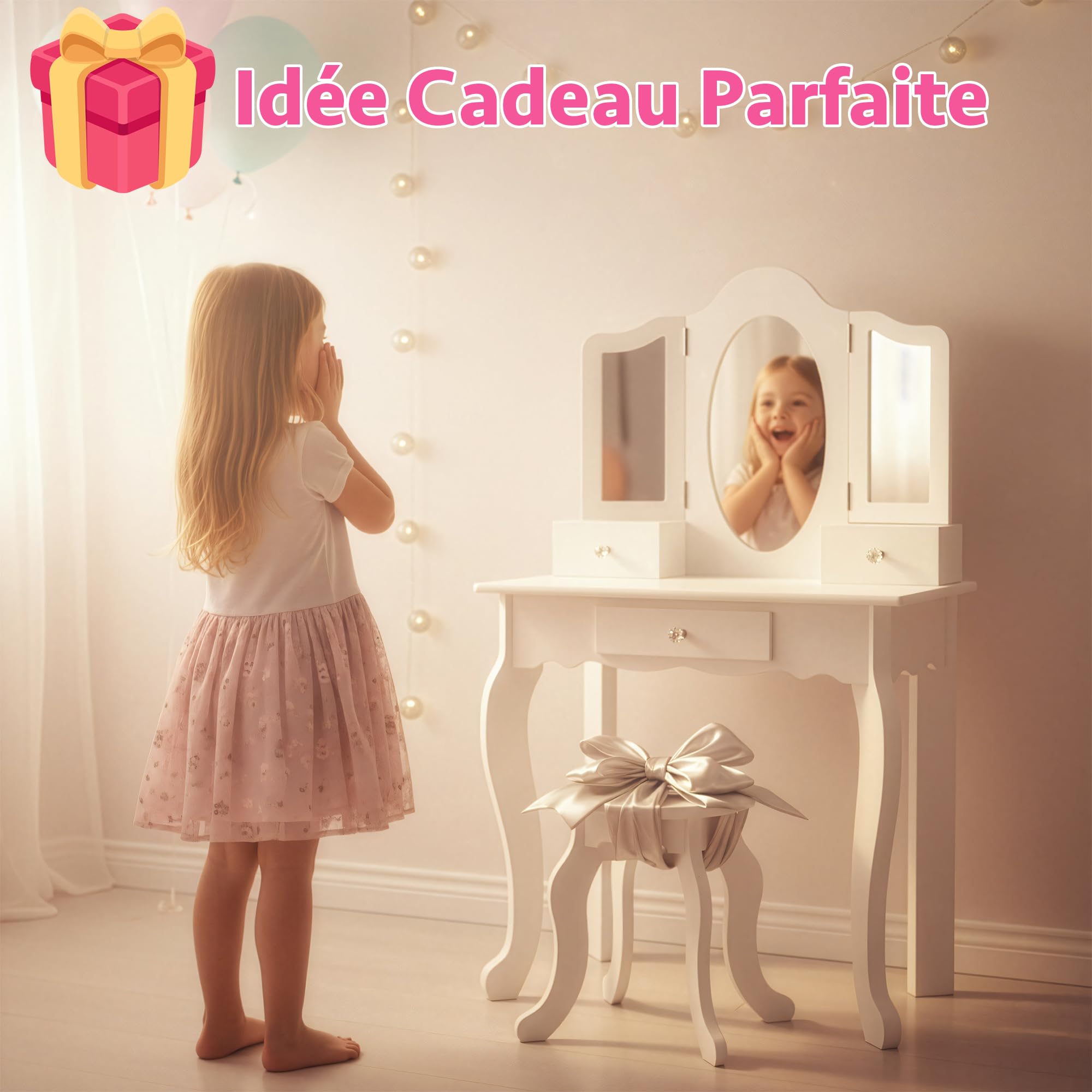 Green series Kinderplay Grande Coiffeuse en Bois pour Fille avec Miroir – Coiffeuse Blanche pour Enfants