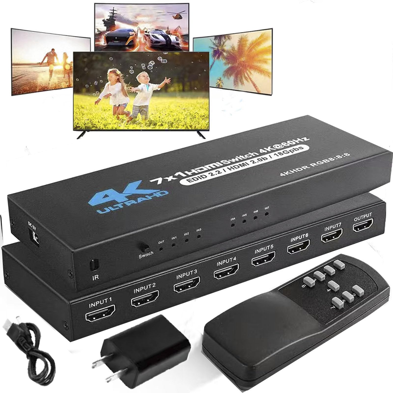 Conmutador HDMI 7 × 1 4K @60Hz 7 canales HDMI sin costuras 7 en 1 salida 【Con 1 mando a distancia IR + 1 cable de alimentación】Compatible con tecla de panel de conmutación automática HDMI2.0