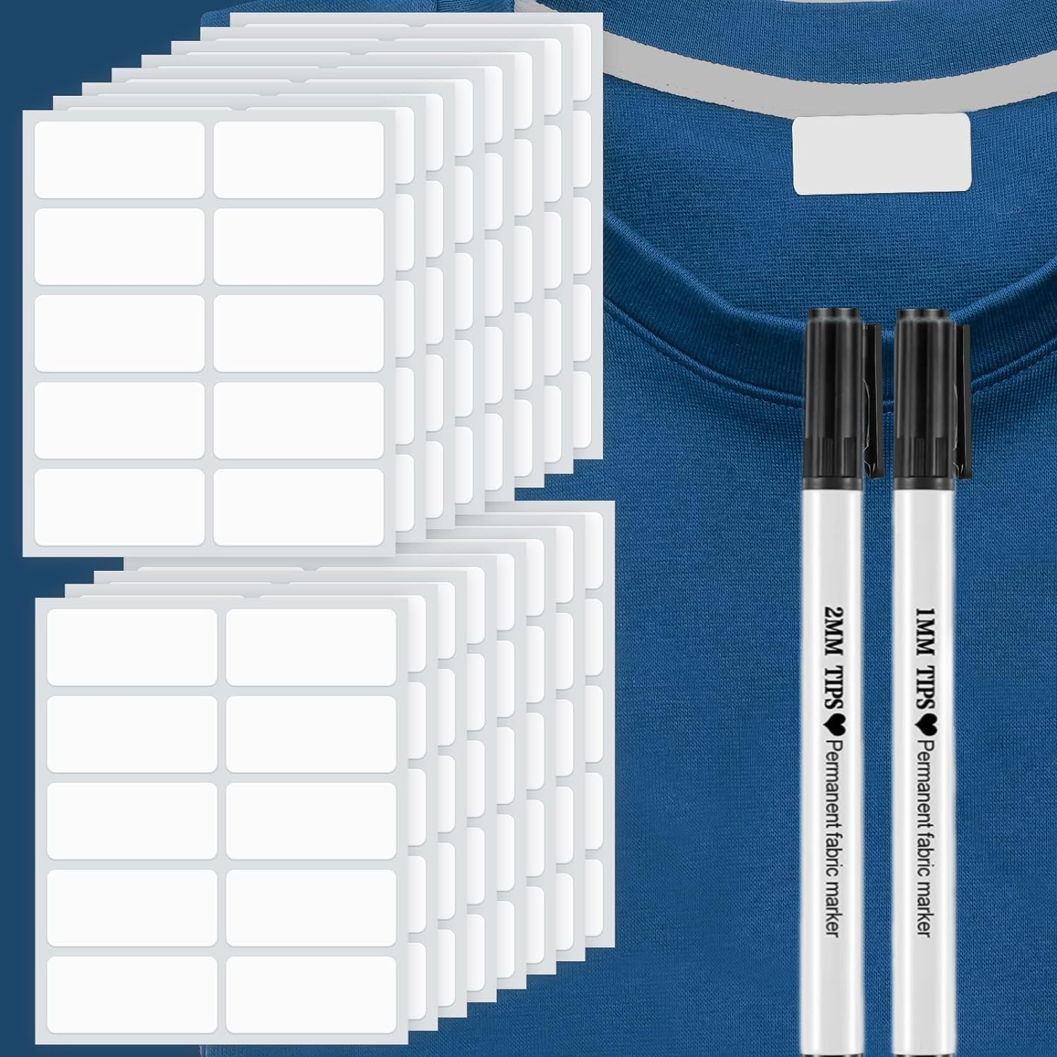 Odluzy 100 Pcs Clothing Labels, No Iron Fabric Labels Washable Name Labels, Homes with 2 Pcs Permanent Fabric Markers, Camp, School, Daycare, Laundry Shop Supplies (Rectangle, 1.2 x 0.6 In)