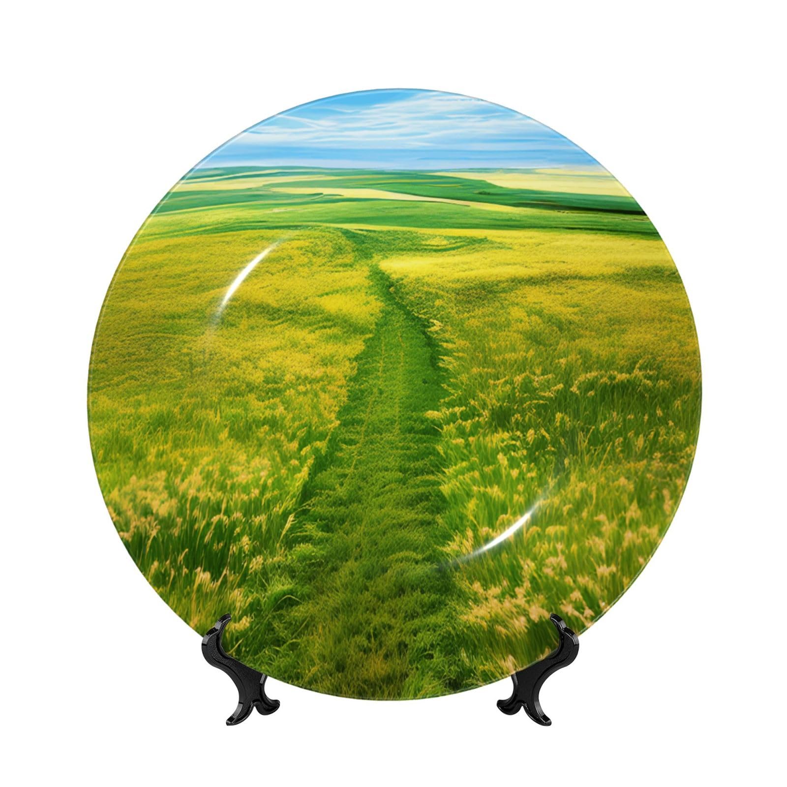 SXZVVBN Grassland paths Bone China Decorative Plate Art with Stand Removable Adhesive Hanging for Home Office 6in（15cm）