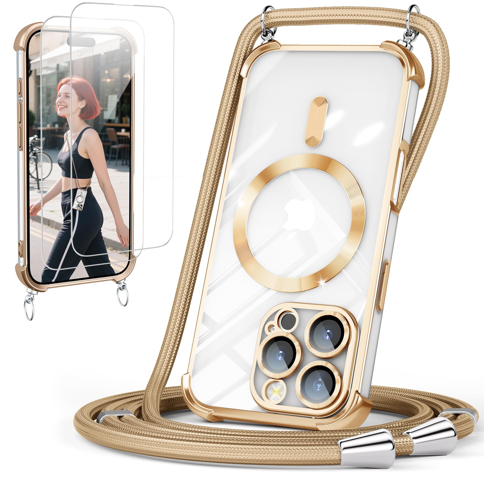 GOODVISH Cover Trasparente con Cordino per iPhone 16 Pro Max con 2 Pezzi Vetro Temperato, Magnetica Custodia con Regolabile Collana per 16 Pro Max 6.9", Antiurto Case con Laccio Tracolla, Oro