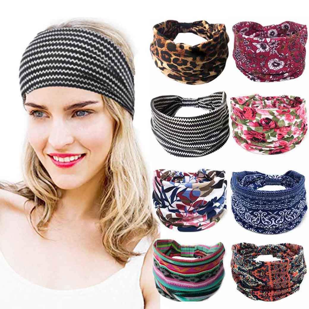 Sethexy Boho Fashion Headbands Wide Stretchy Sport Hair Band Daily Use Travel Yoga Gym Hair Accessories for Girls and Women(8pcs)