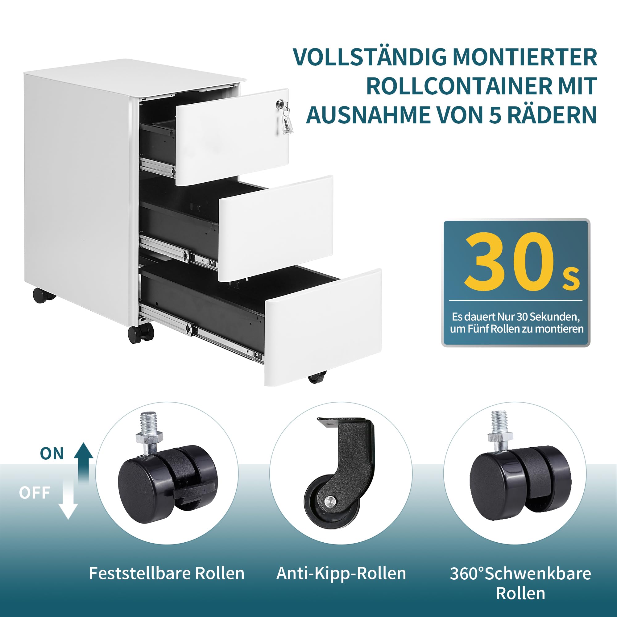 Rollcontainer, Aktenschrank, Schubladenschrank, Büroschrank aus Metall, Vormontiert, Abschließbarer, 4 Schlüsseln,Büro, Homeoffice