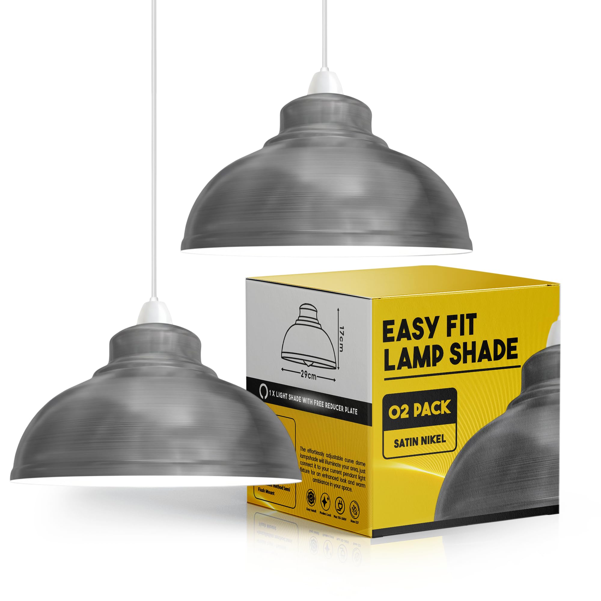 Pack of 2 Light Shade Ceiling, Satin Nikel Cone Metal Lampshades for Ceiling Lights, Industrial Easy Fit Pendant Lamp Shades for Table Lamps, Living Room, Bedroom, Kitchen, Hallway, Home Décor