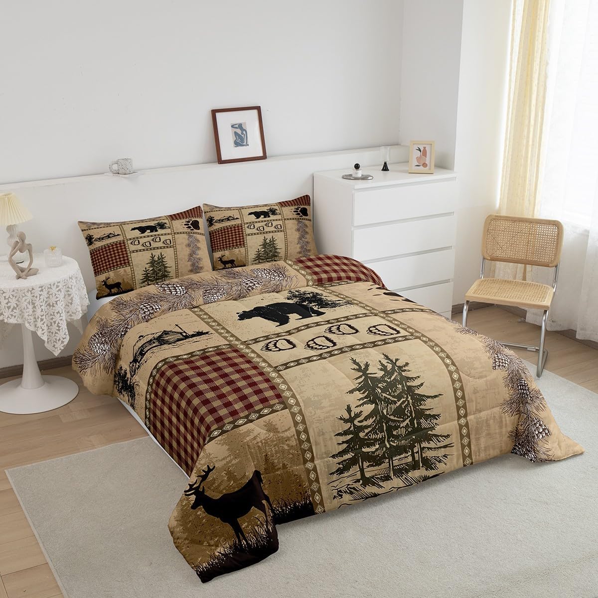 Retro Bear Print Queen Size Comforter Set,Deer Antler Pine Nut Plant Bedding Set with 2 Pillowcases,Animals Hunting Buffalo Plaid Breathable Bedding Comforters for Man Couple