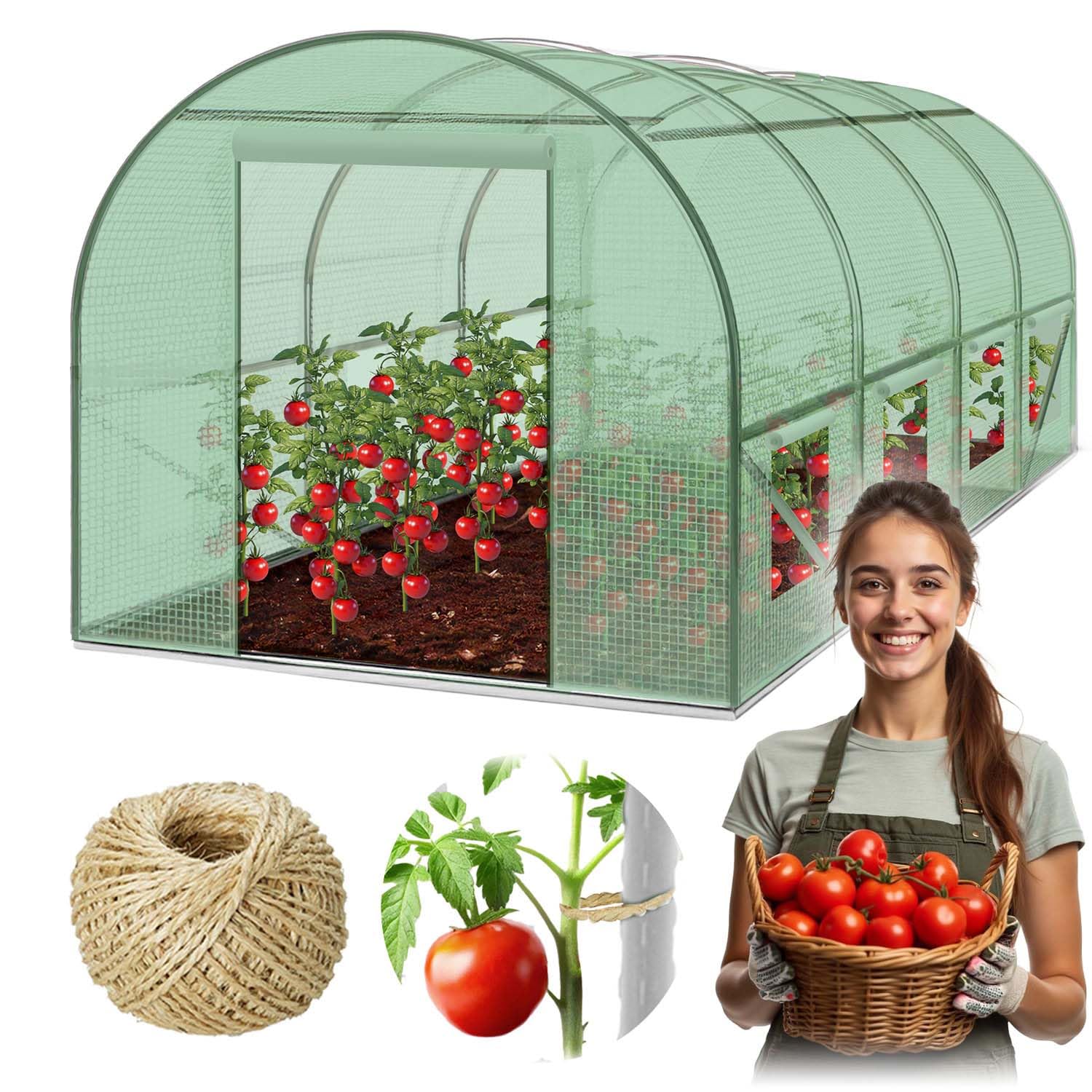 Garten-Gewächshaus Tunnel 2,5 × 4 m - 10 m² Folientunnel mit Stahlrahmen | PE-Folie 140 g/m² UV-beständig | 8 Fenster mit Moskitonetz | Pflanzenschutz | Grün