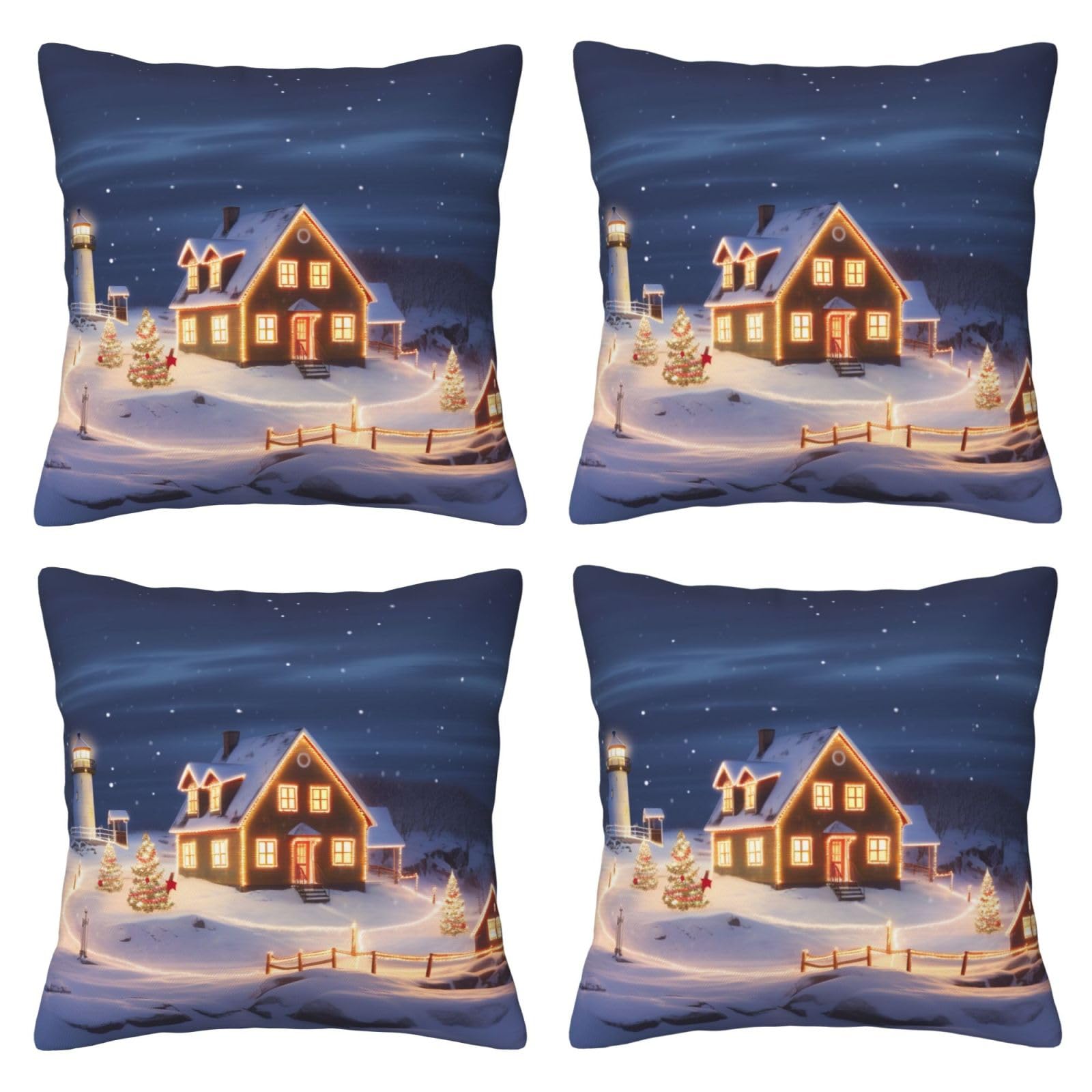 Christmas Scenery Throw Pillow Cases 4 Pack Square Pillowcases Super Soft Pillow Protectors With Zipper for Couch Livingroom Sofa Bed Office Car,40x40 CM