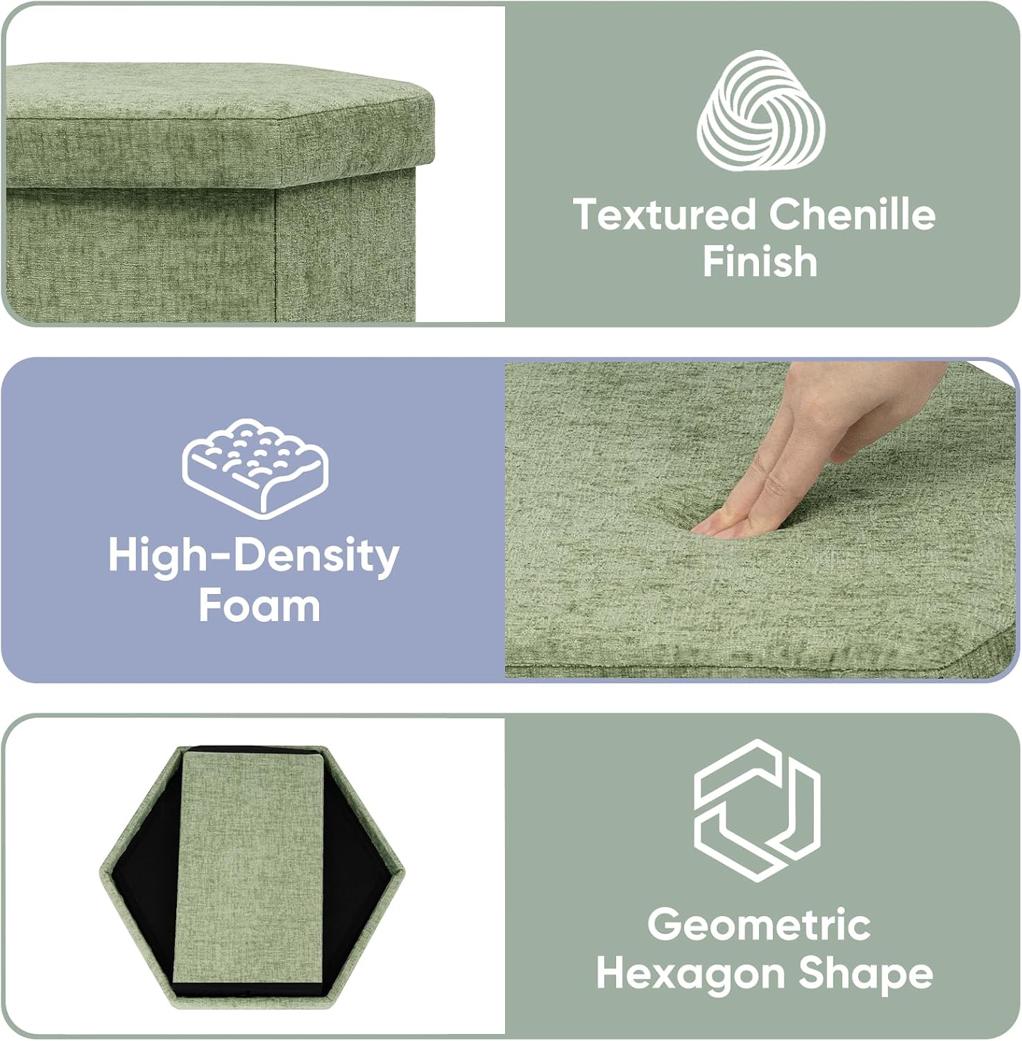 Hexagon Storage Ottoman, 15 Inch Foldable Footstool, Light Green