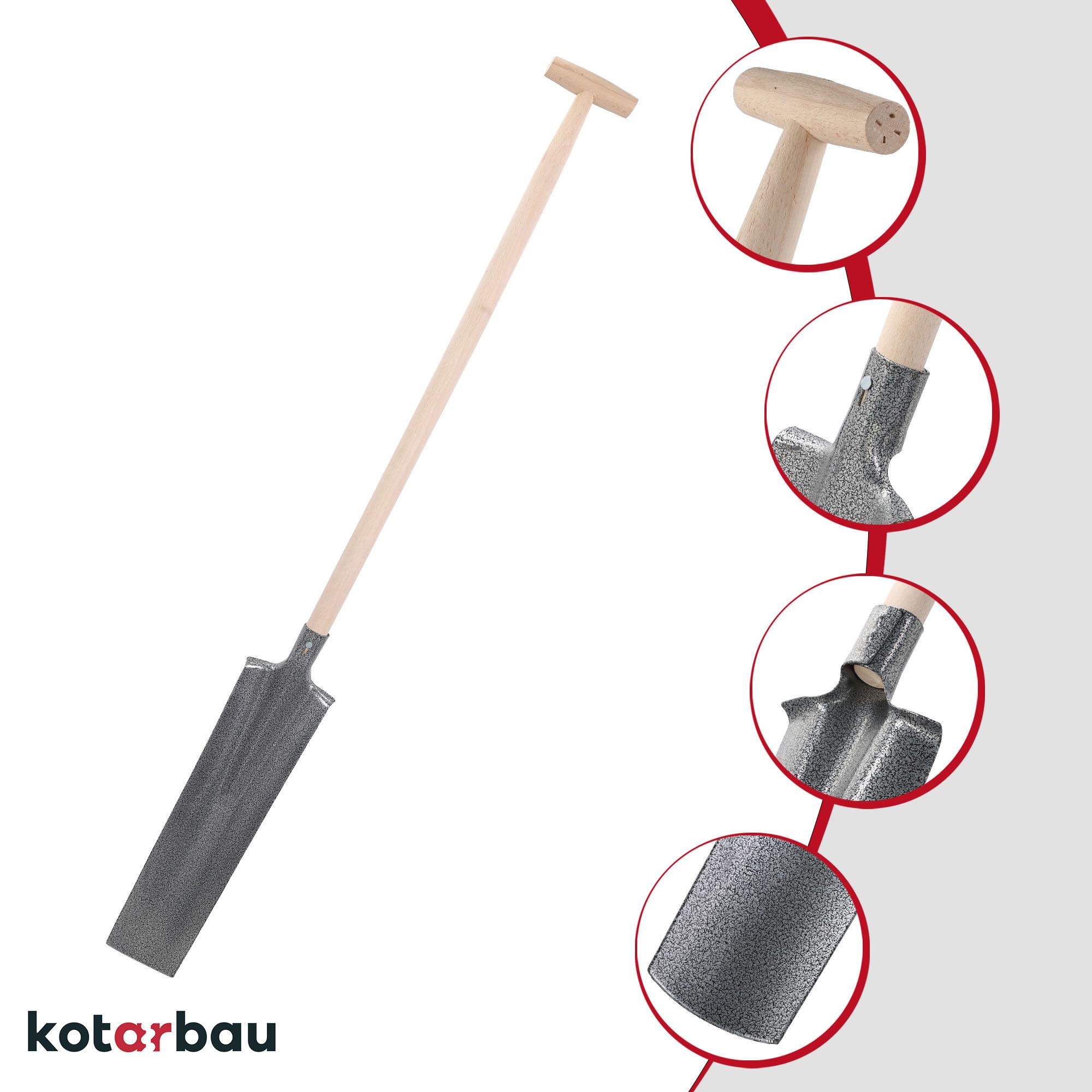 KOTARBAU® Palote rectangular de acero al carbono, 510 x 115 mm, Palote con mango muleta, Pala rectangular con mango de madera, Pala de jardinería, Pala de hoja larga y estrecha, Pala de drenaje, zanja