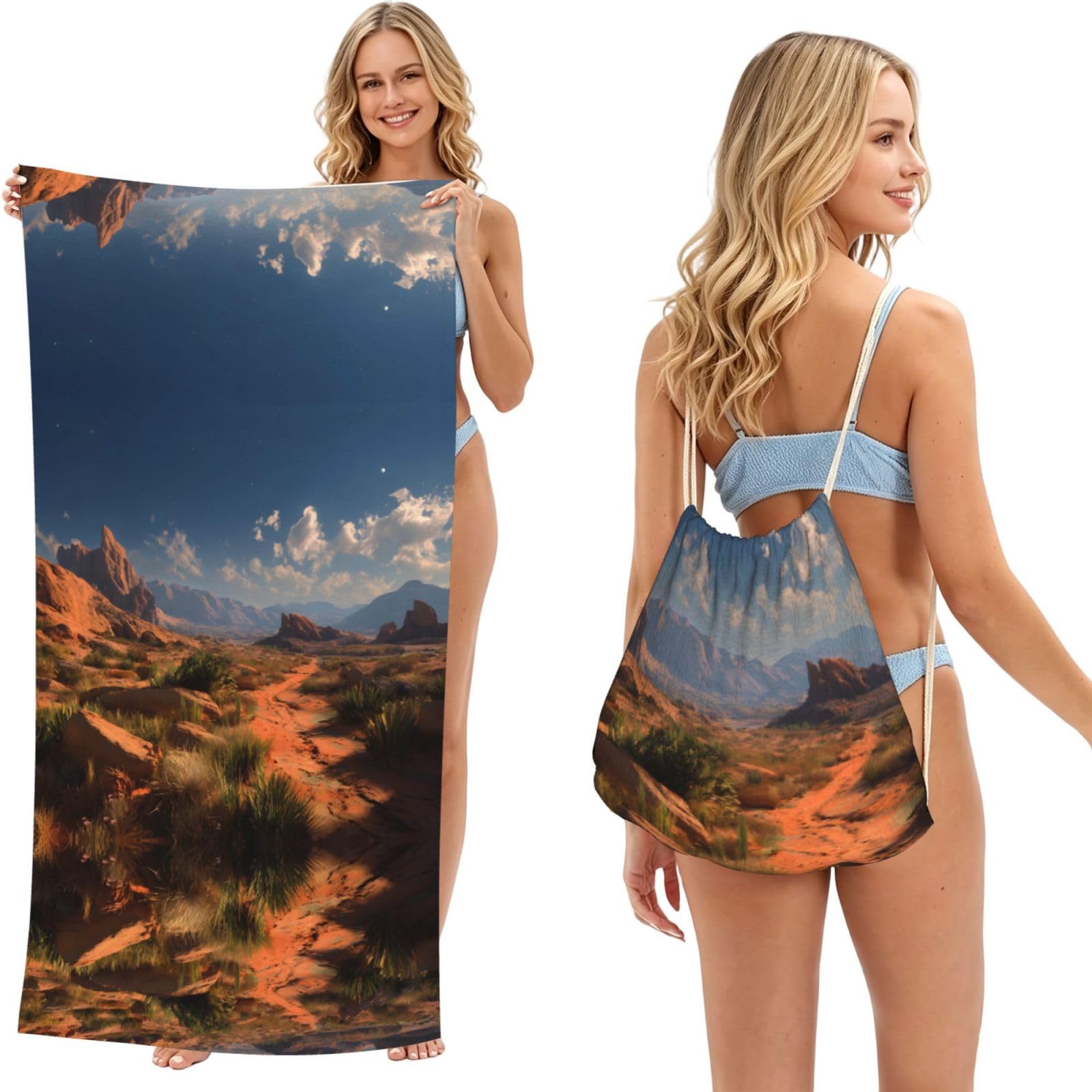 ESNAIUVCD Desert Scenery Print Beach Towel For Adults,Towel With Drawstring Bag, Travel Pool Swimming Sports Shower Sand Free Quick Dry Bath Towel For Pool, Beach, Yoga- 180x60cm