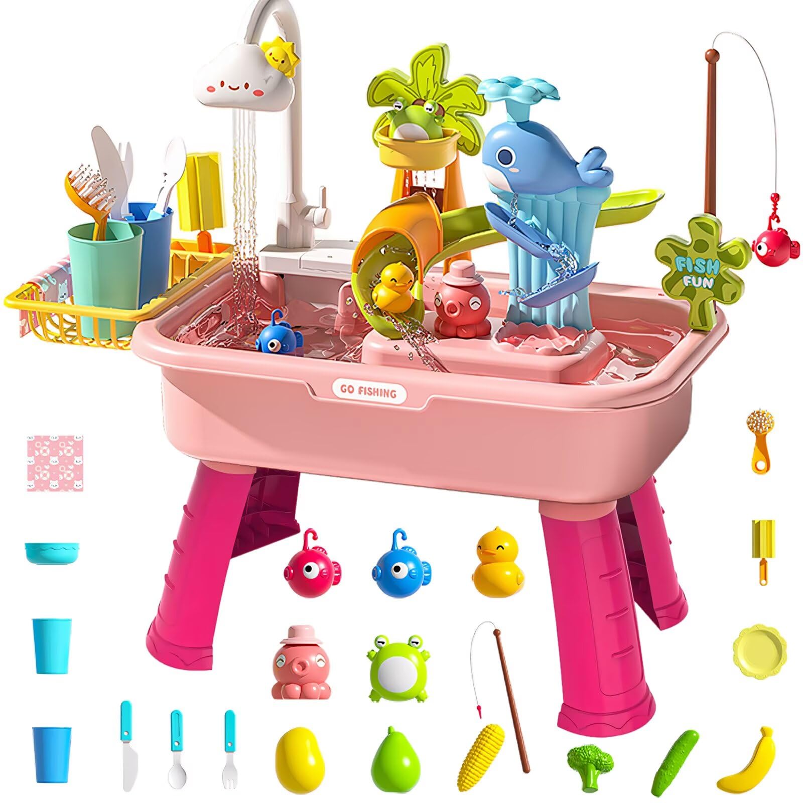 Water Table for Toddlers,4-in-1 Kids Water Play Table, Play Sink with Detachable Legs,Kids Kitchen Playset Sink Toy for Girl and Boy (Pink)