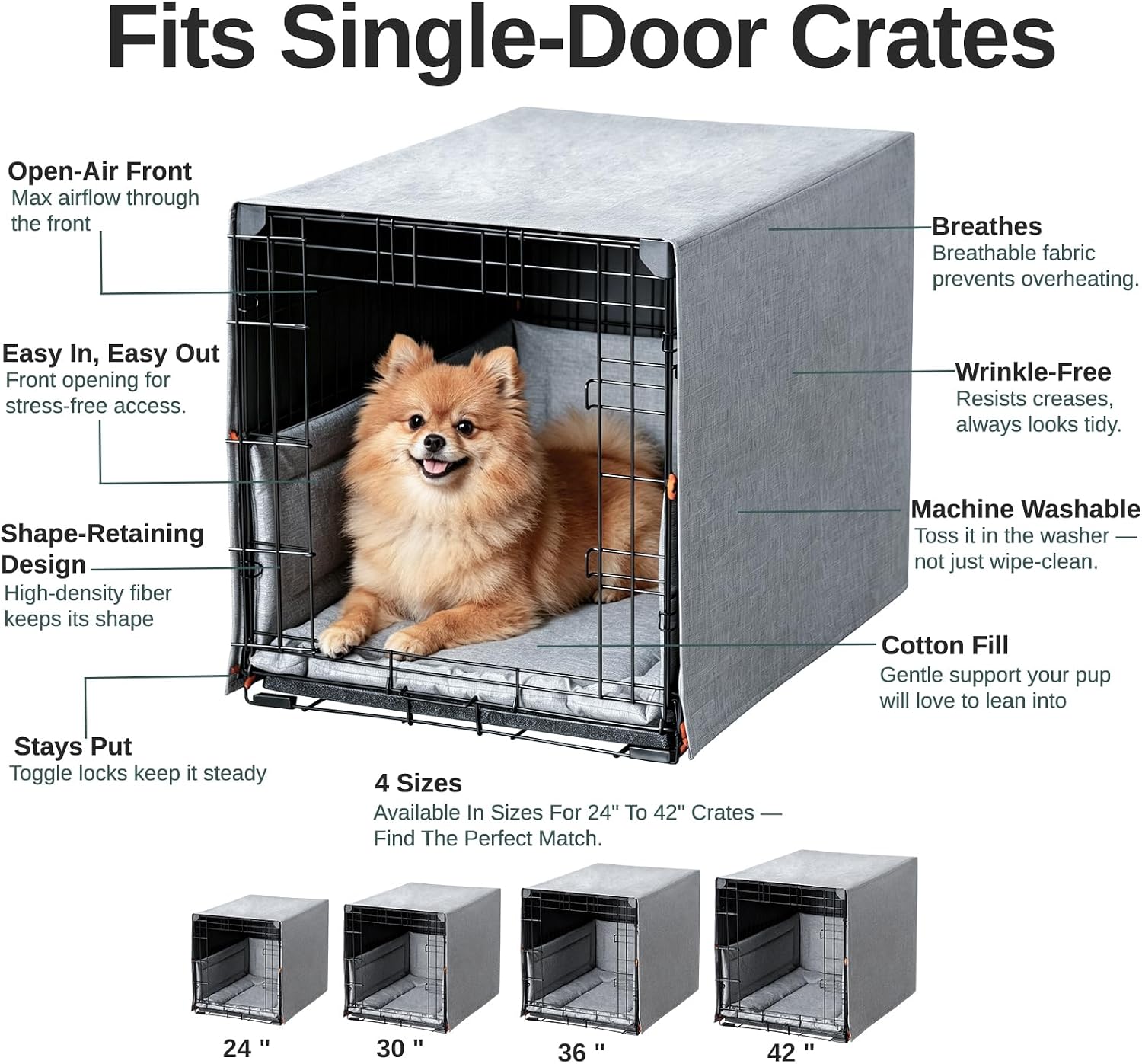 Calm 3-Piece Dog Crate Cover Set with Mat & Bumper for 42" Wire Crate,Gray