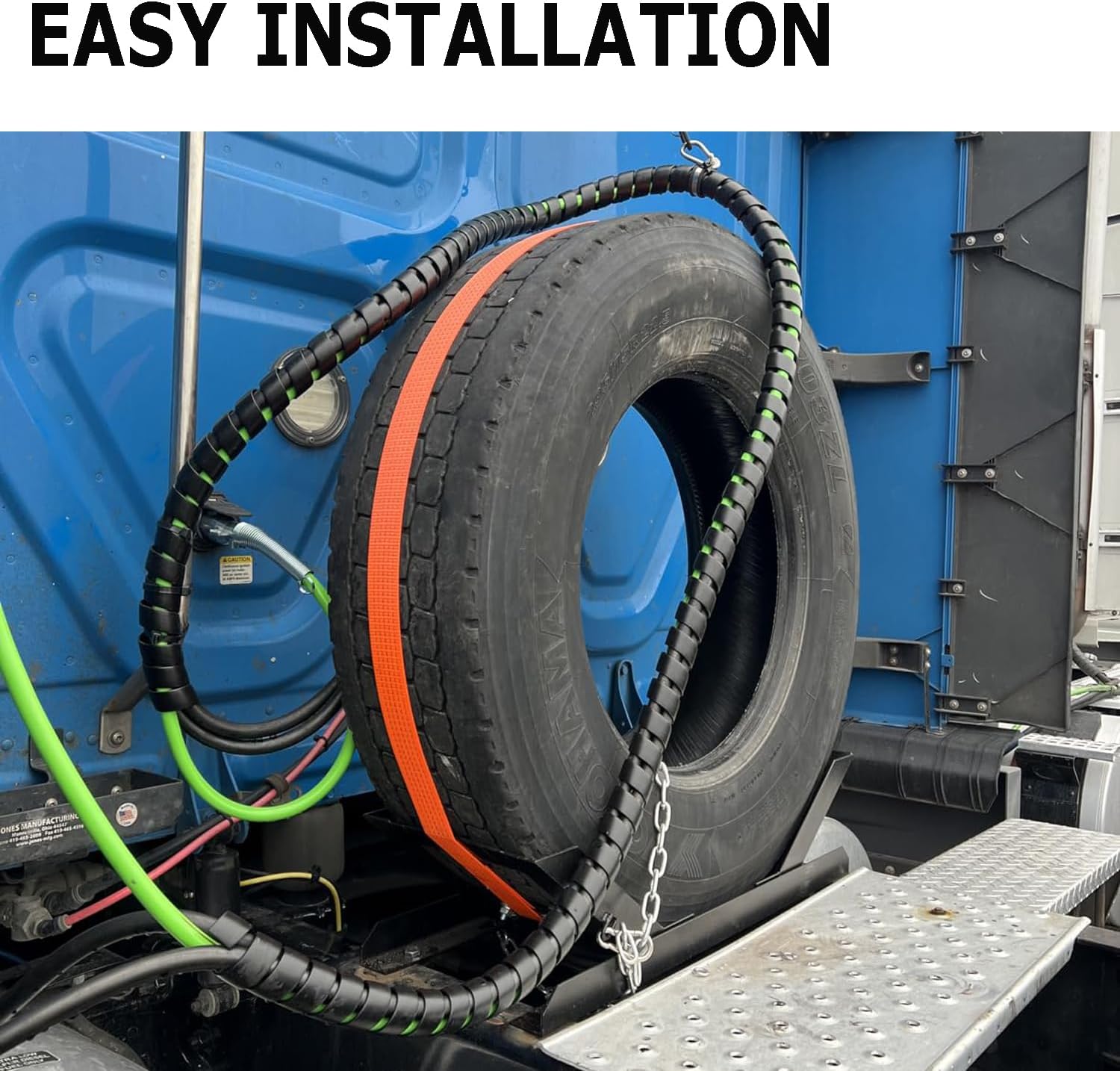 Spare Tire Carrier with Ratchet Strap Chain for Semi Truck Trailer, Truck Tire Storage Rack, Adjustable Tire Secure Holder, Tire Mount Holder