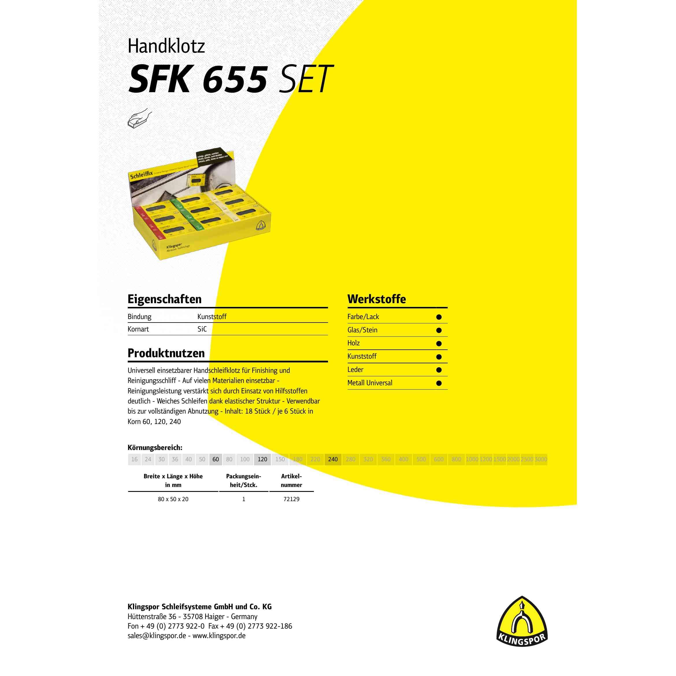 Klingspor SFK 655 Schleiffix Handklotz, 80 x 50 x 20 mm Art.: 72129