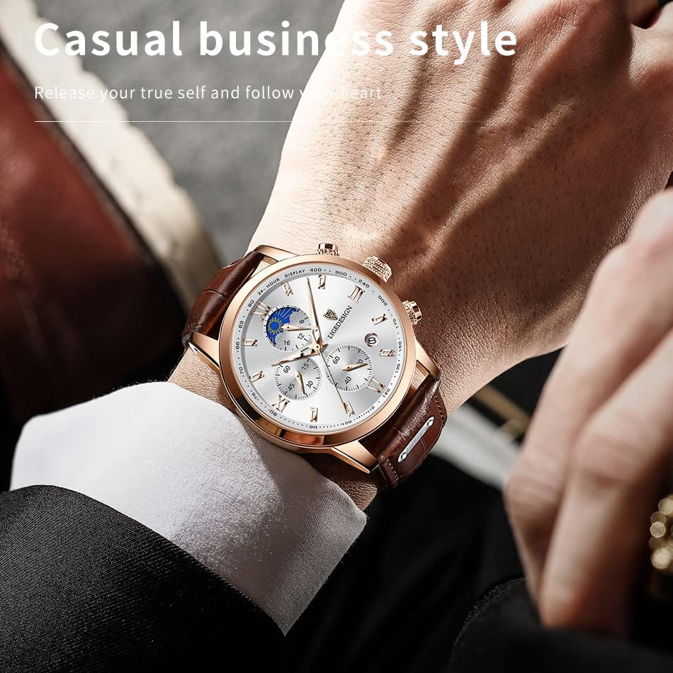 Weicam Men Casual Waterproof Roman Numerals Leather Band Analog Quartz Wristwatches with Chronograph Calender Business Watch Brown image 2 of 9 B0B5ZWVFSM