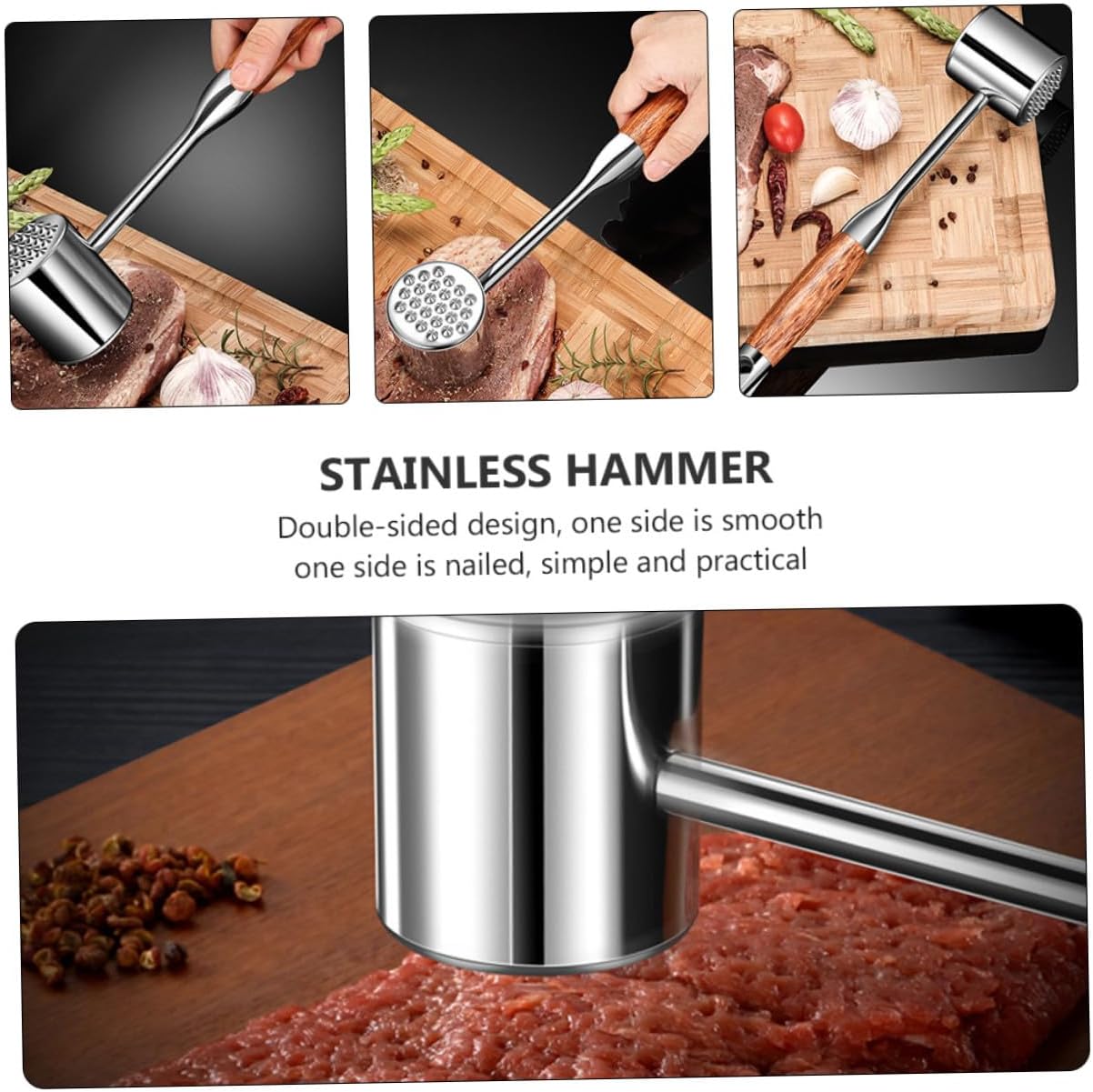 GLEAVI Stainless Meat Mallet and Tenderizer Tool 304 Stainless Steel Beef Pounder with Hardwood Handle for Home Kitchen Steak Preparation Random Color