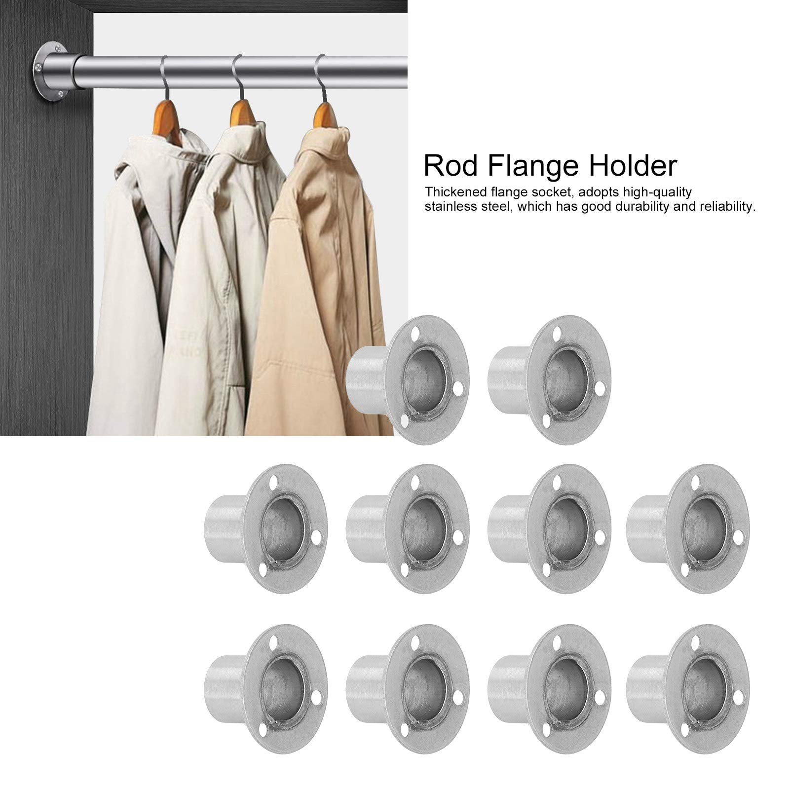 Closet Pole Socket, 10 PCS Stainless Steel Closet Rod Holder Shower Curtain Rod End Supports Socket Wall Mount Pipe Bracket(1.0x1.7in)