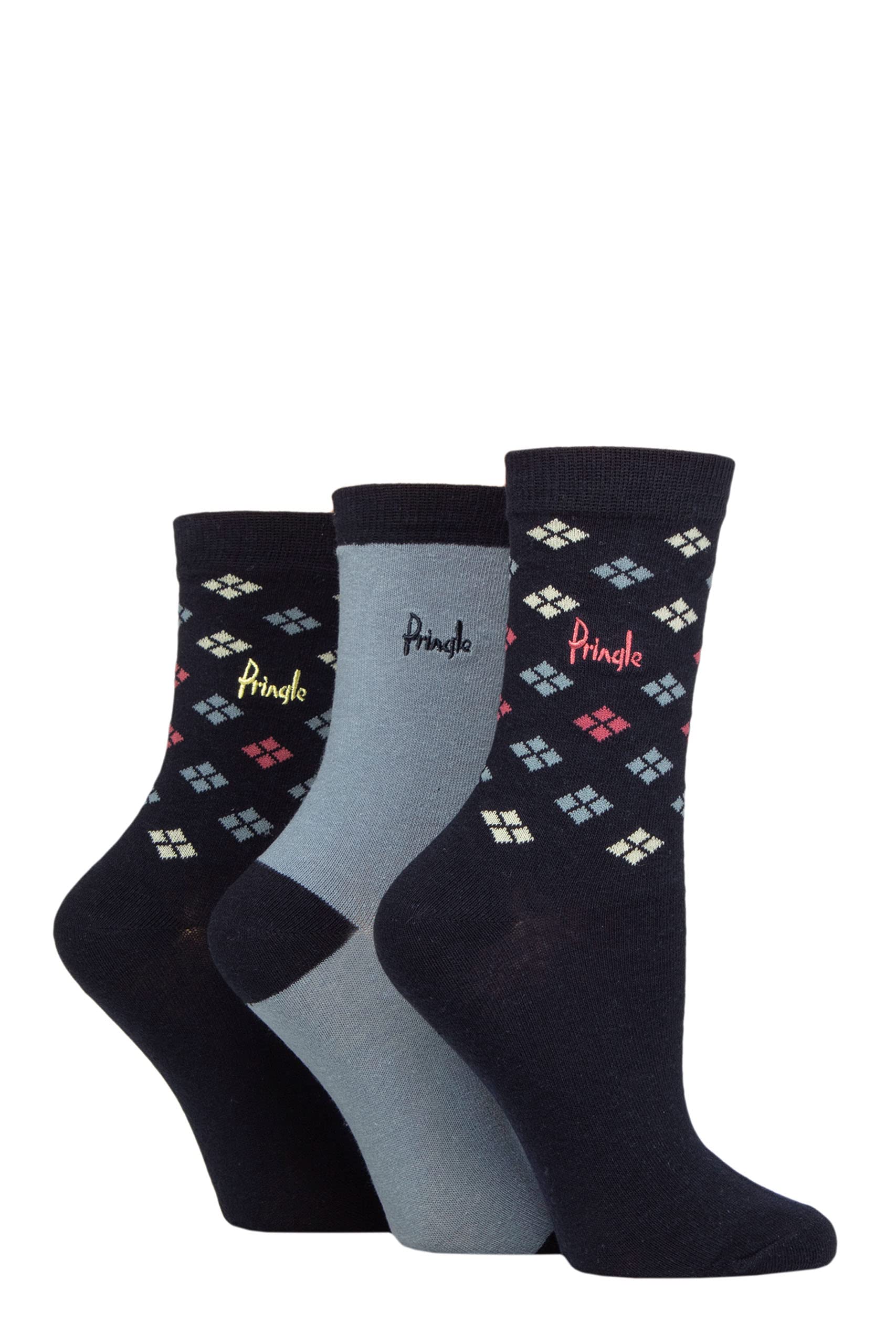 Pringle Ladies Patterned Cotton and Recycled Polyester Socks Pack of 3 Scatter Diamond Navy 4-8