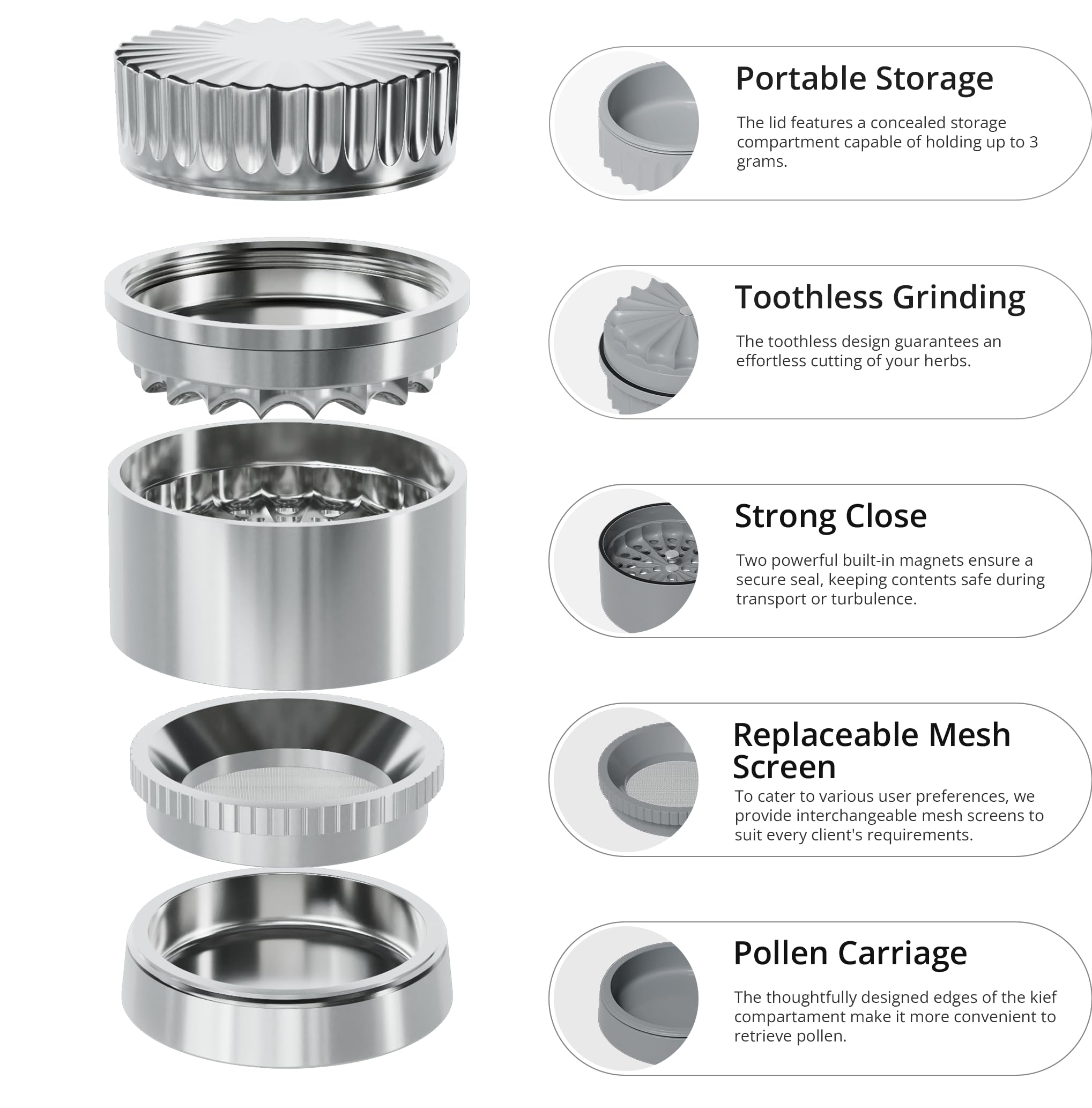 Molinillo de acero inoxidable sin dientes, 63 mm de diámetro, molinillo de hierbas de acero duradero y no se adhiere | 5 piezas con caja Stash integrada en la tapa, incluye funda protectora