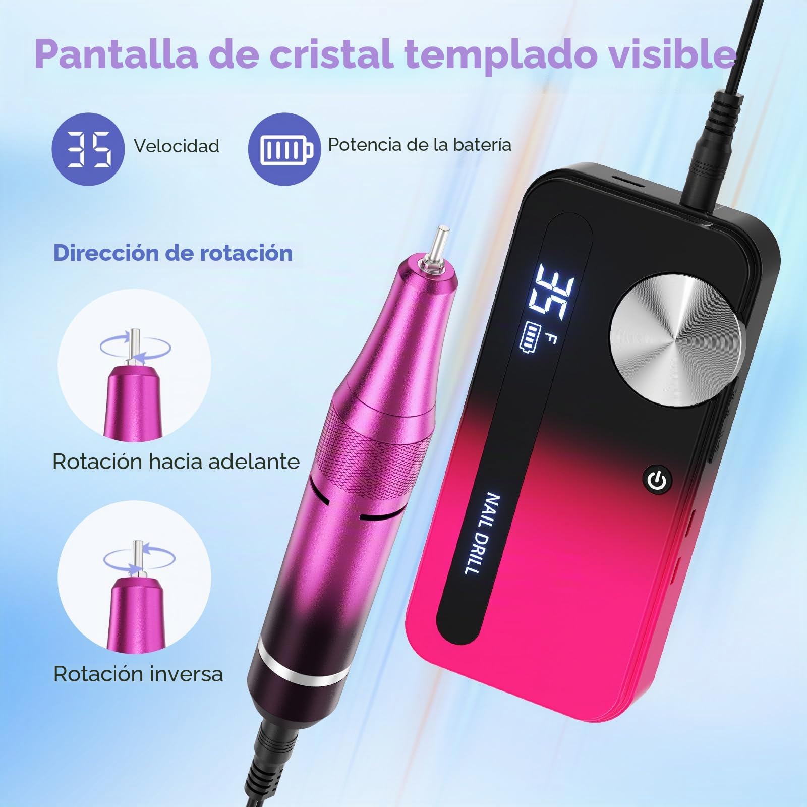 Taladro de uñas eléctrico con 12 accesorios de pulido y 30 bandas de lija, 0-35.000 rpm, set de manicura/pedicura para manicura y pedicura para cortar, limarlas, dar forma, cuidar las uñas y la