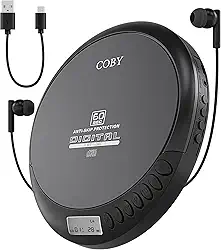 Coby Leitor de Cd Portátil com Fones de Ouvido Estéreo, Rádio Fm, Compatibilidade com Mp3, Display Lcd Discman Portátil | Anti-Salto de 60 Segundos, À Prova de Choque | Alimentado por 2 Pilhas Aa Ou M