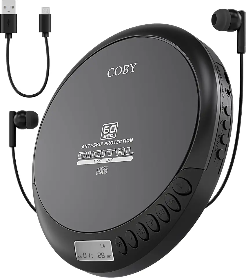 Coby Leitor de Cd Portátil com Fones de Ouvido Estéreo, Rádio Fm, Compatibilidade com Mp3, Display Lcd Discman Portátil | Anti-Salto de 60 Segundos, À Prova de Choque | Alimentado por 2 Pilhas Aa Ou M
