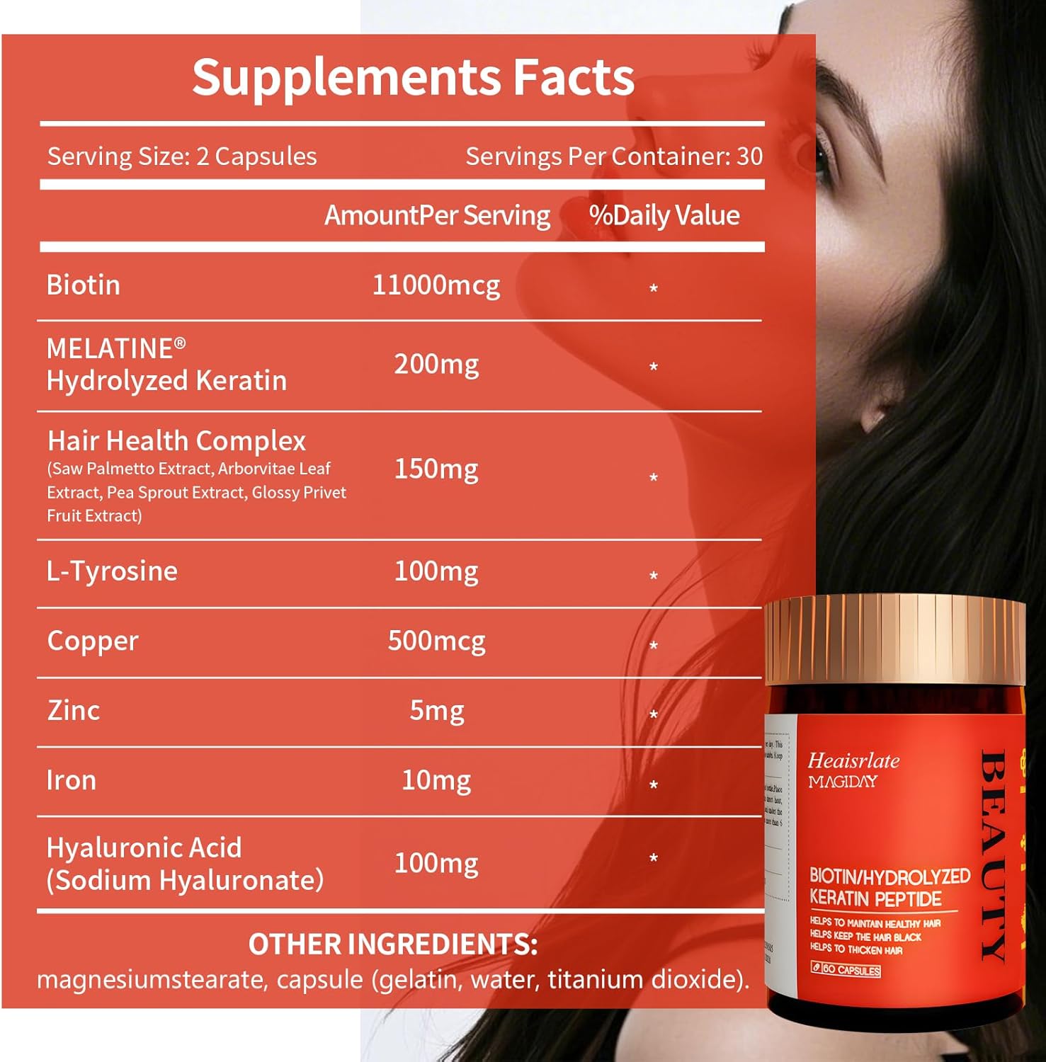High Potency Biotin Supplement 11000mcg for Hair Growth, Skin Health & Nail Strength - with MELATINE Hydrolyzed Keratin 200mg, Hyaluronic Acid 100mg & Hair Health Complex Formula