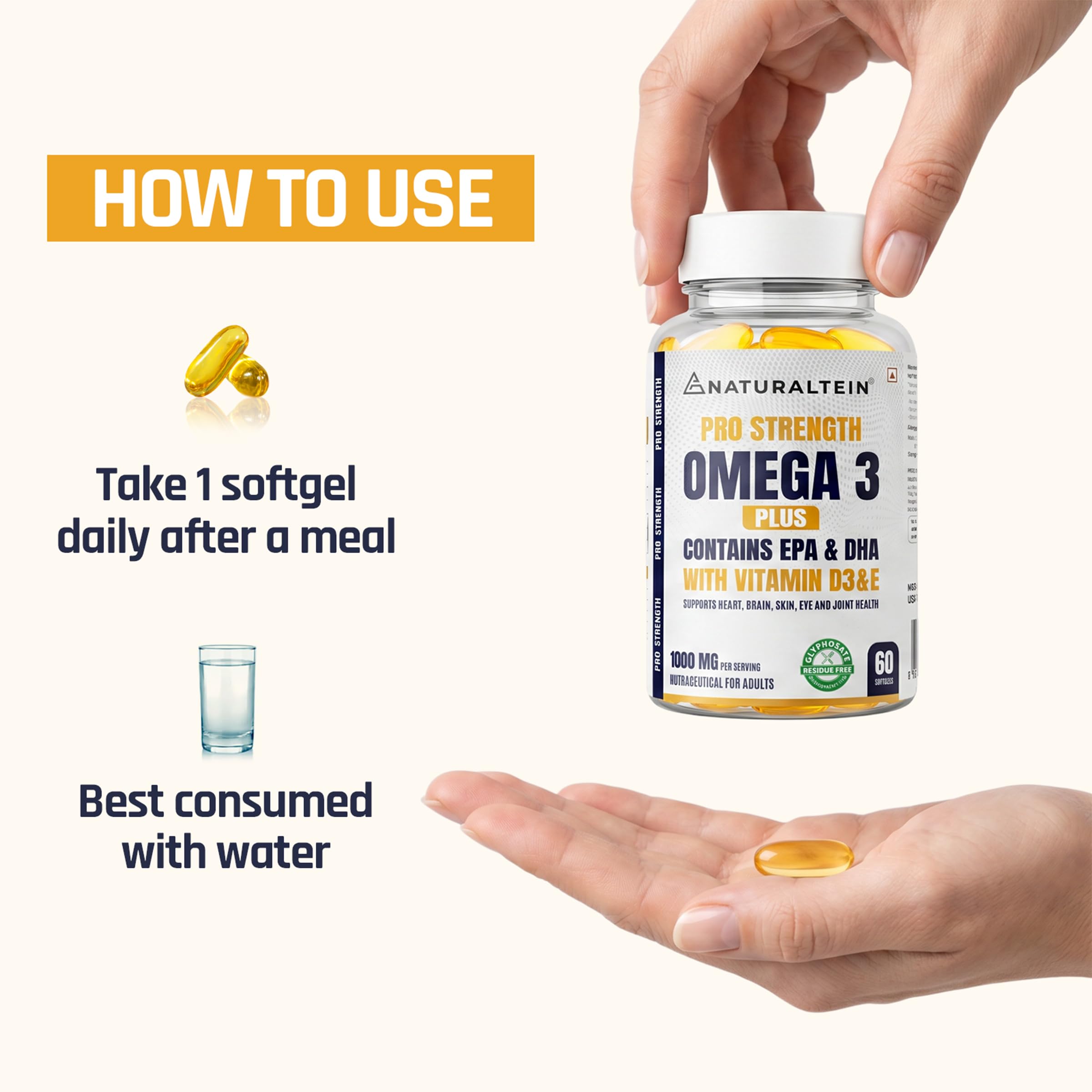 NATURALTEIN Pro Strength Omega 3 Plus Fish Oil 1000mg with EPA 180mg & DHA 120mg | Enriched with Vitamin D3 & Vitamin E | Supports Heart, Brain, Skin, Eye & Joint Health | Heavy Metal Tested | 60 Softgels — Amazon image 9