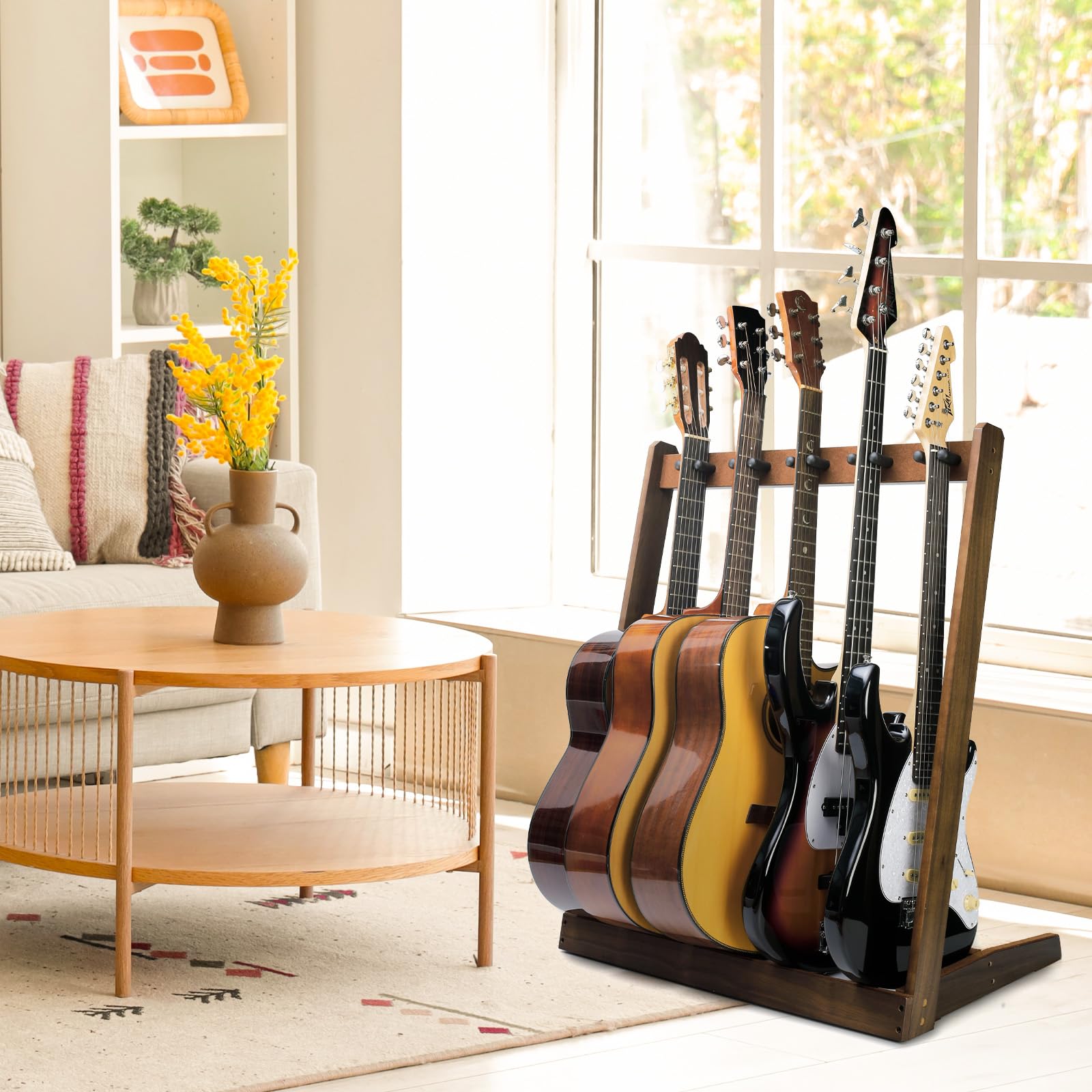 Supporto per chitarra in legno per 5 chitarre acustiche, elettriche o basse, con slot per plettri e spazio per 4 scatole