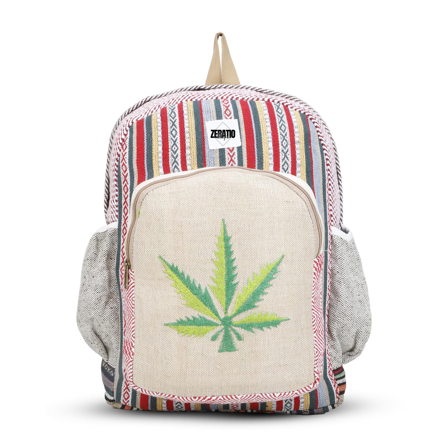 Hemp Leaf Pattern Backpack, Striped Canvas Design, Multicolor-image-21