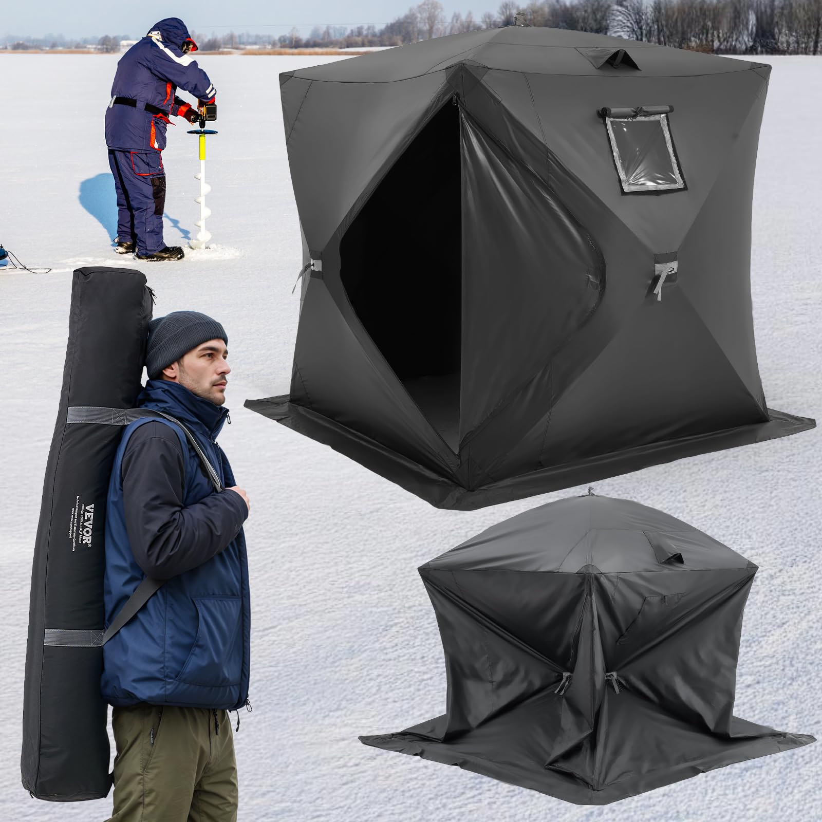 VEVOR Tente de pêche à glace portable pop-up pour 1 à 8 personnes, abri à glace isolé, grande zone de pêche, bidon de glace style hub pour la pêche d'hiver, cube de glace Oxford imperméable avec