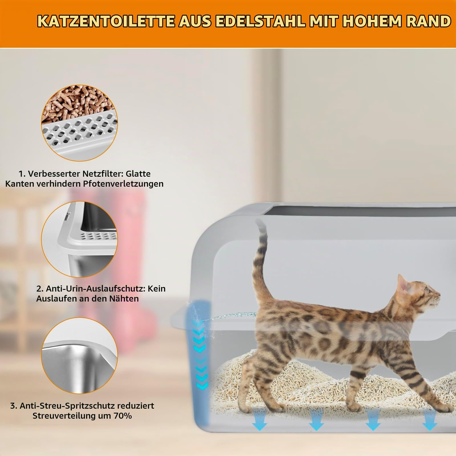 Homegroove Edelstahl-Katzenstreukasten für Kiefernpellets, 60 x 40 x 20 cm, hoher Rand, Metall-Katzenstreukasten mit Deckel für Wohnungskatzen, mit Kunststoffschaufel und 10 Urinpads (8 Inch)