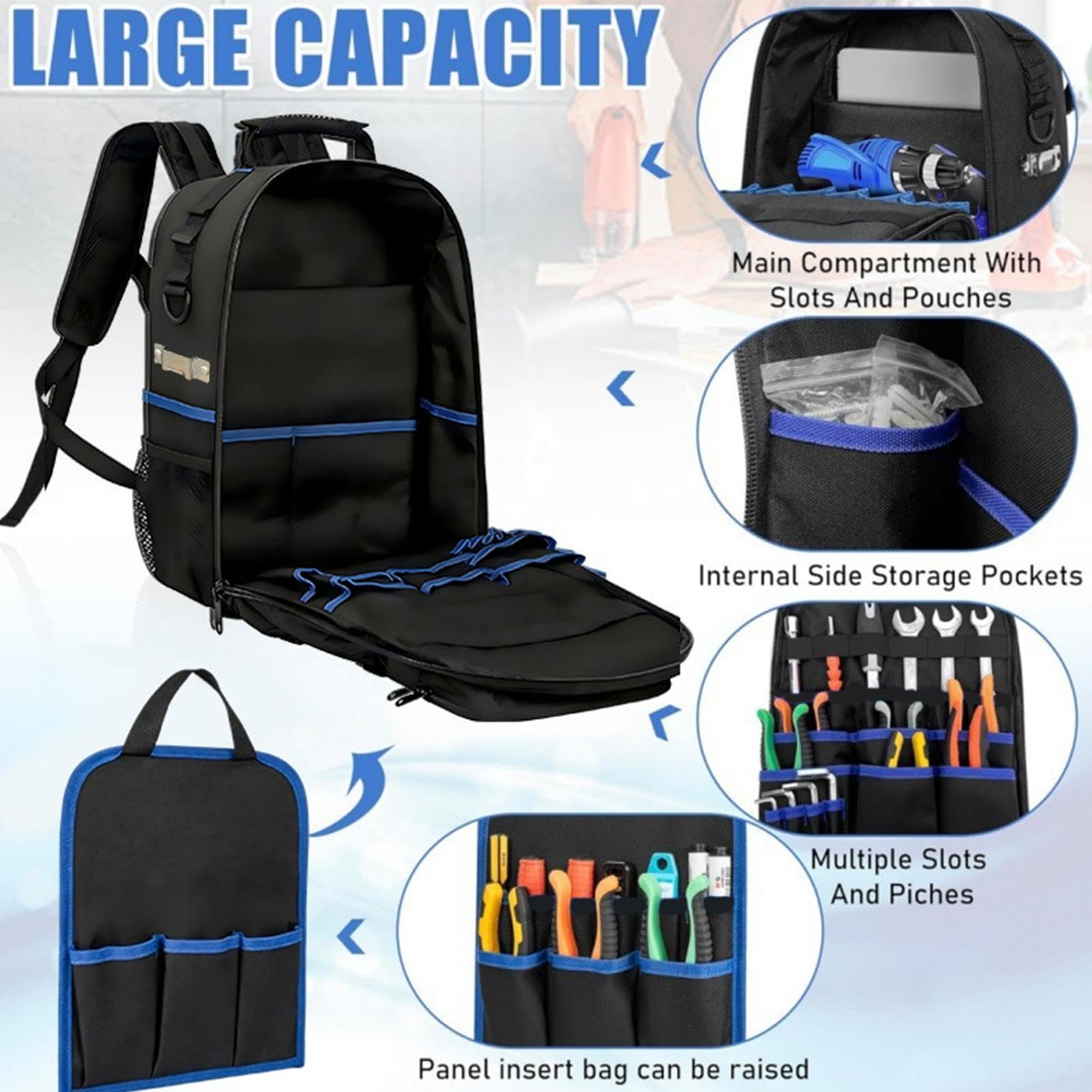 Zaino porta attrezzi, organizer con base rigida, con tasche multiple, zaino per attrezzi da lavoro, per falegnami, saldatori, edilizia, attività all'aperto e industriali