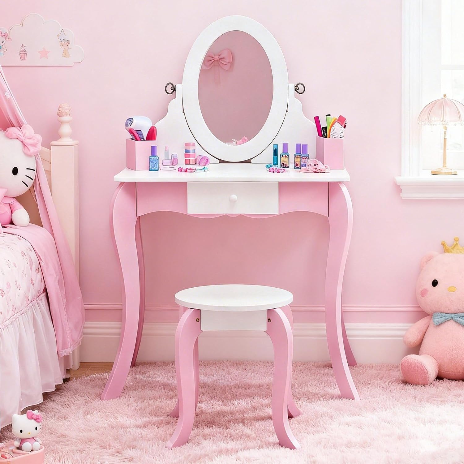 Kids Vanity, Wooden Princess Makeup Dressing Table with 360 Rotating Mirror and Whiteboard, 2 Storage Boxes and Drawer, Anti Tip Design and Non Slip Pads, for Toddler Girls Ages 3+
