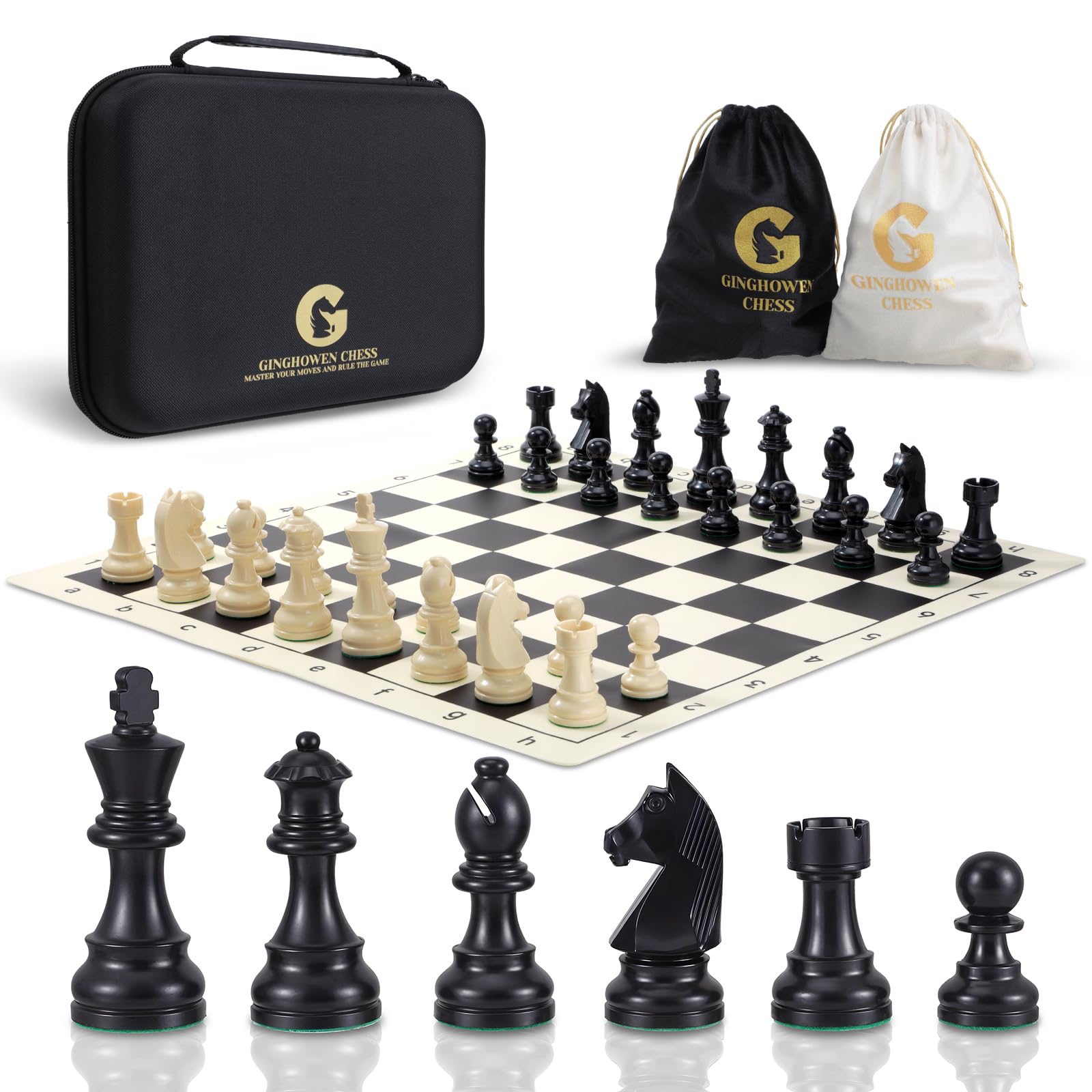 Chess Set - 20" Silicone Chess Board Set, 3.86" King Height Weighted Pieces with 2 Extra Queens, Foldable Chessboard Portable Travel Tournament Chess with Carrying Storage Bag