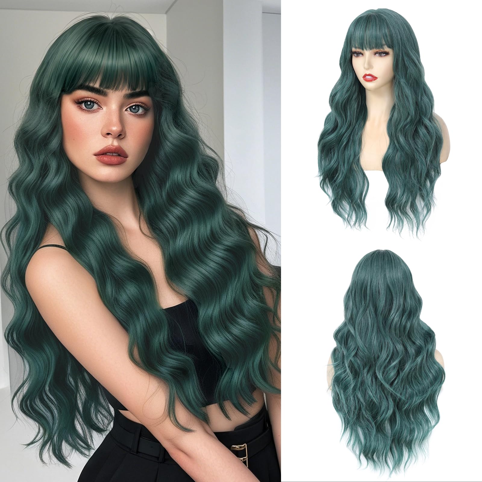 Photo 1 of Angzon Long Green Wavy Wig With Bangs for Women 26 Inch Curly Wavy Wig With Bangs Natural Looking Synthetic Heat Resistant Fiber Wig for Daily Party Use