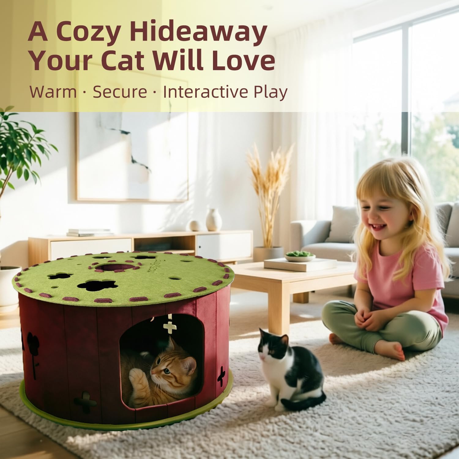 Large Cat Tunnel Bed for Multiple Cats, Scratch Resistant Indoor Cat Bed, Holds Up to 30 Lbs (L 24×24×11.8, Green)