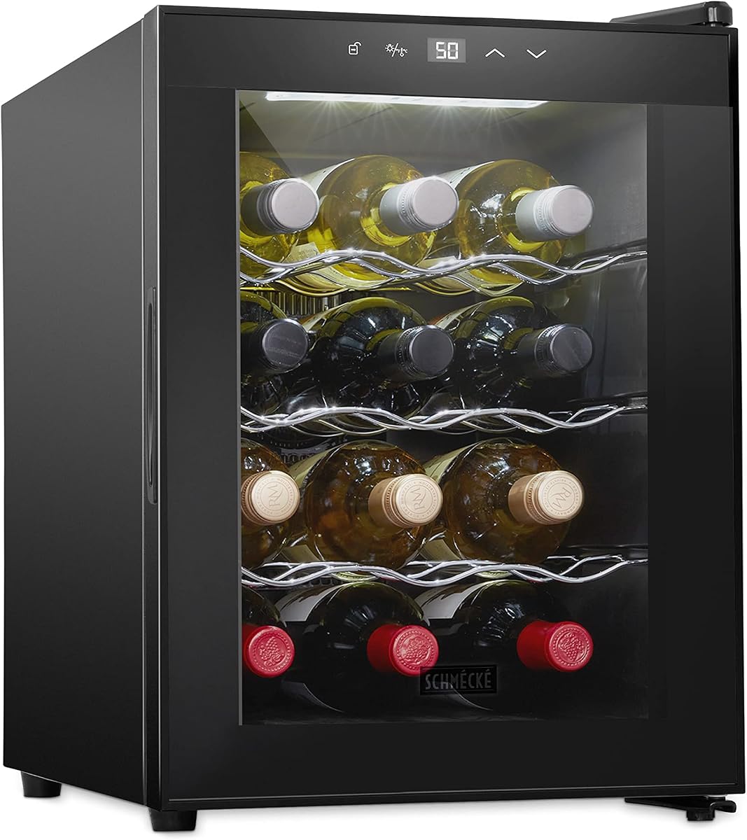 12 Bottle Red And White Wine Thermoelectric Wine Cooler/Chiller Counter Top Wine Cellar with Digital Temperature Display, Freestanding Refrigerator Smoked Glass Door Quiet Operation Fridge