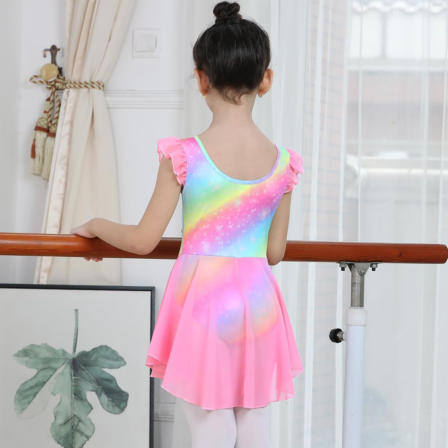 LUOUSE Elegant Girls Ballet Leotard with Skirt - Flutter & Ruffle Sleeves, Perfect for Dance & Gymnastics