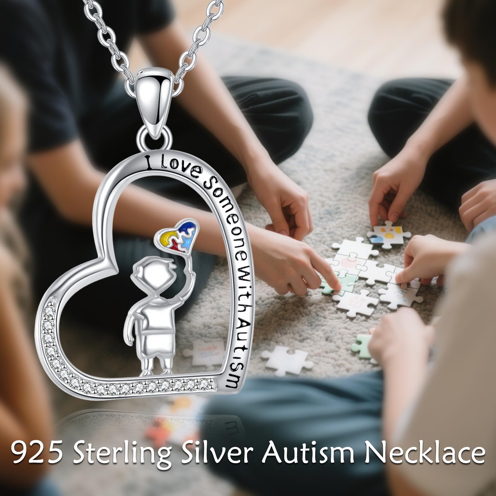 DAYLINLOVE Naszyjnik z autyzmem, srebro wysokiej próby 925, świadomość autyzmu, puzzle, wisiorek, naszyjnik, inspirująca biżuteria, prezent dla kobiet