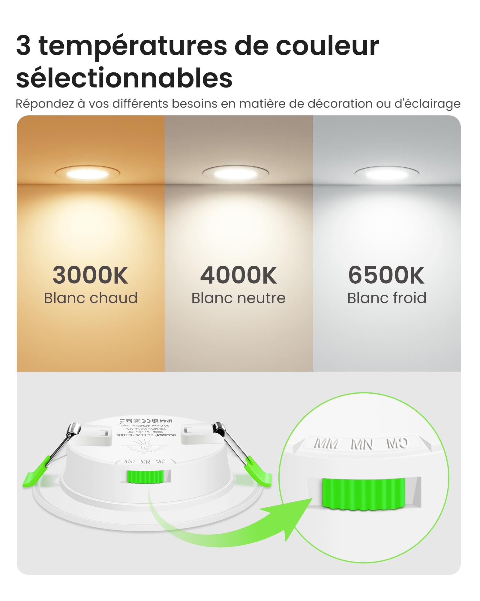 ALUSSO LED Spot Encastrable Extra Plat 5W 400 Lumen Dimmable 3000K 4000K 6500K IP44 Lot de 12