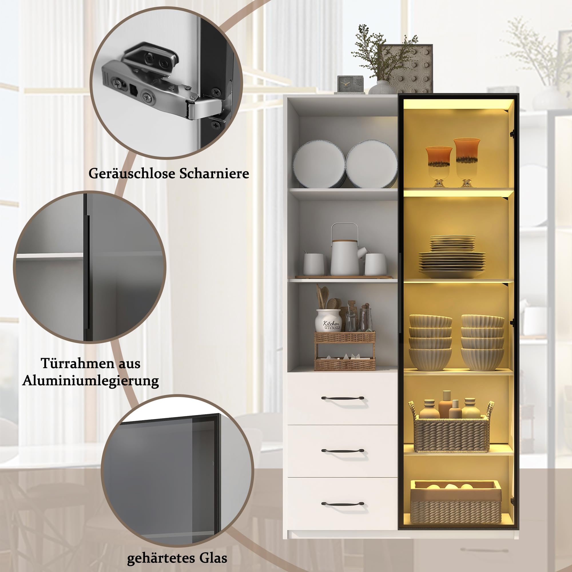 Vetrina con illuminazione LED 80 x 40 x 160 cm – Libreria con anta in vetro temperato e luci LED, 3 cassetti e 3 vani aperti, struttura in alluminio, LED multicolore (F)