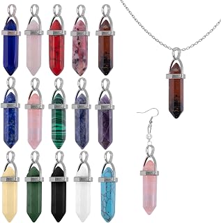 AUEAR 15 Pack Bullet Shape Crystal Healing Chakra Pendants - Pointed Stone Charms for Necklace Jewelry Making Supplies