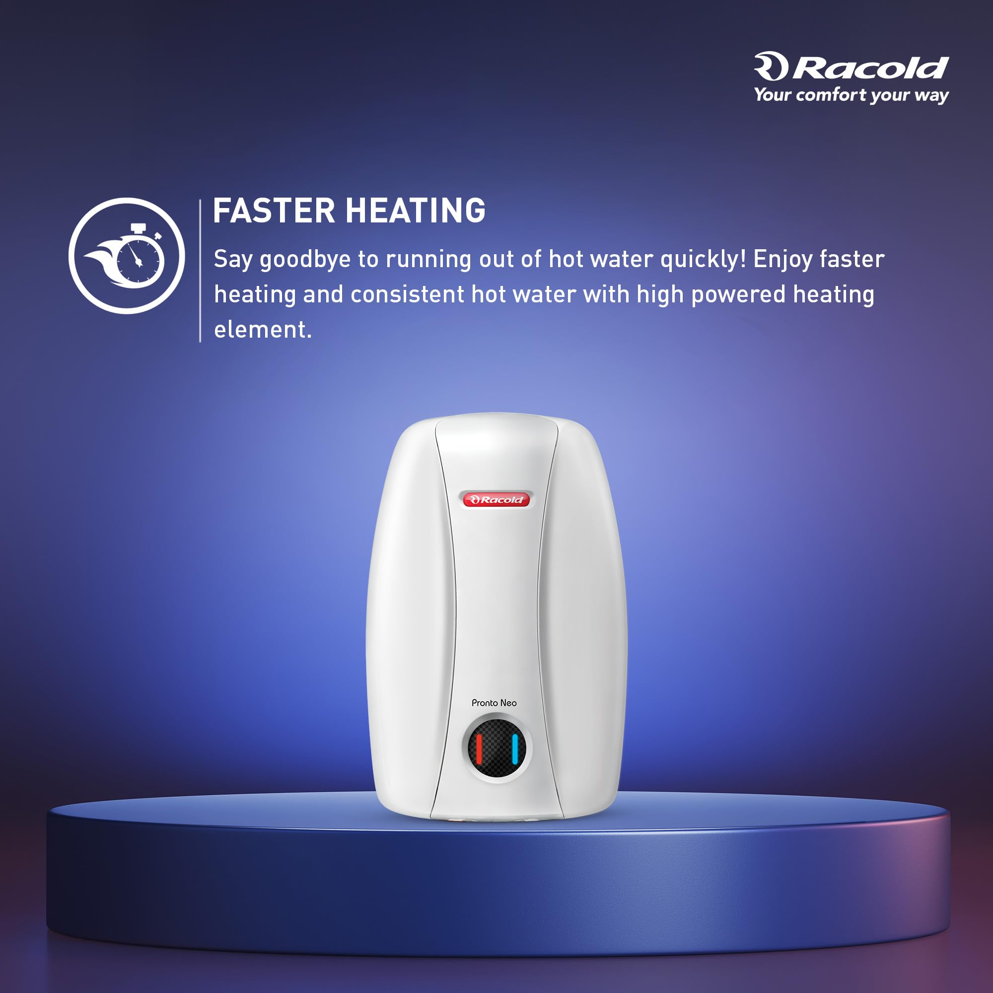 Racold Pronto Neo 1L 3Kw Vertical Instant Water Heater(Geyser), White | Faster Heating | Italian Design |Suitable for High Rise Buildings |3 Levels of Safety | Rust Proof Body | Fire Retardant Cable