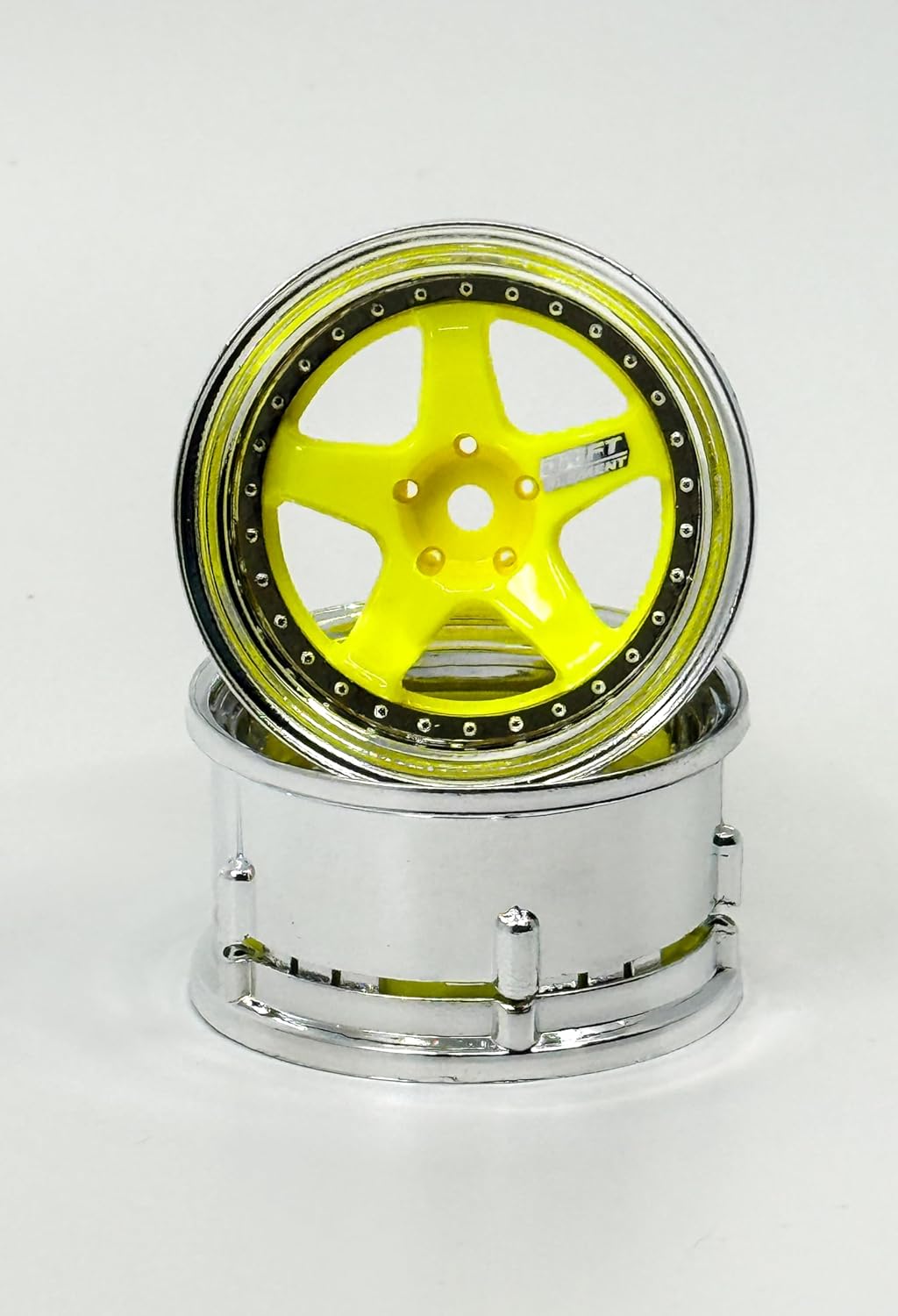 2PCS 1/10 RC Drift Element Rims Wheels, 5-Spoke, Adjustable Offset, Compatible with Yokomo YD MD RD, MST RMX, Reve D RDX, Redcat RDS, HPI, Tamiya TT, & More (Flu Green w/Chrome Lip)