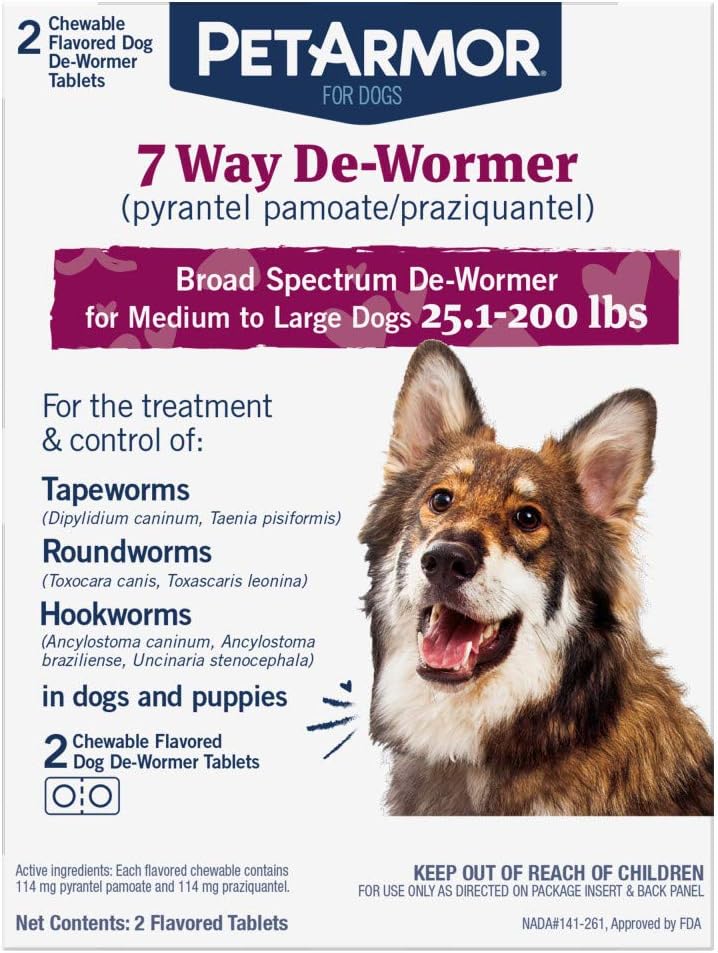 PetArmor 7 Way De-Wormer (Pyrantel Pamoate and Praziquantel) for Dogs, Includes Chewable Flavored Dog De-Wormer Tablets for Medium and Large Dogs Greater Than 25 Pounds. : Pet Supplies